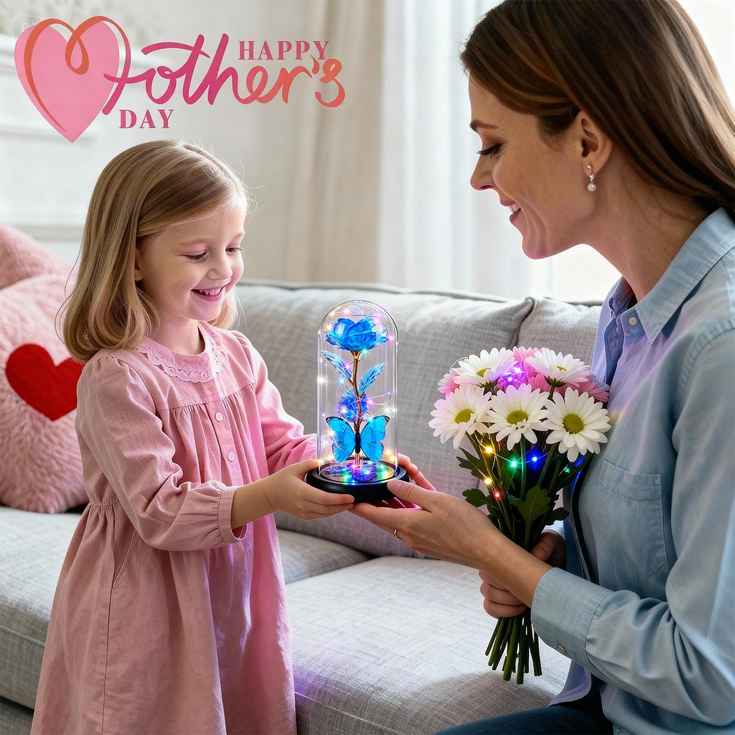 DEEMEI Mothers Day Birthday Gift for Mom from Daughter Son Blue Rose Eternal Flower Light Up Rose in Glass Dome with Butterfly, Mother's Flowers Gifts for Mom Women Wife Grandma Delivery Prime
