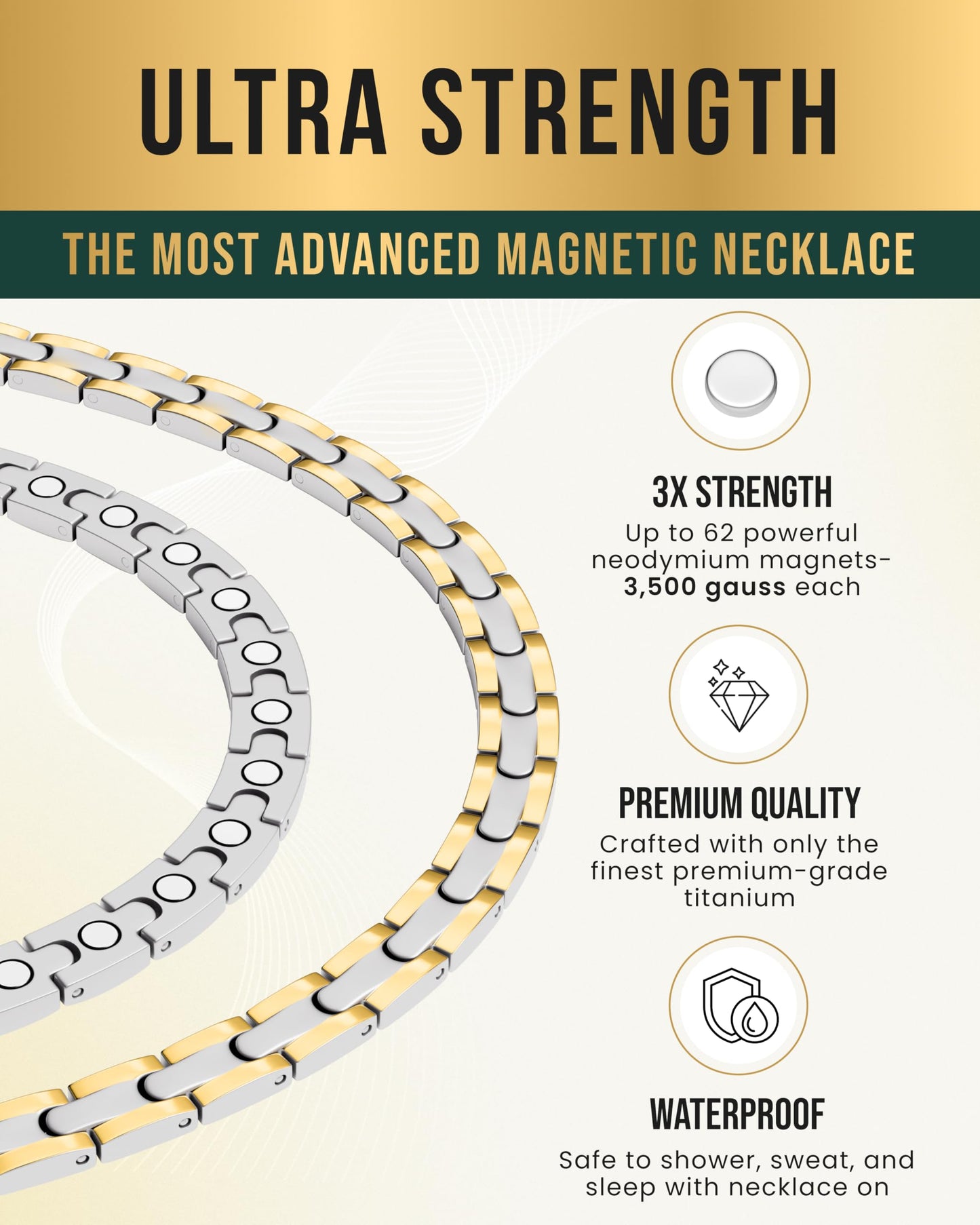 MagnetRX Titanium Magnetic Necklace – Ultra Strength Magnetic Necklaces for Women & Men – Effective Titanium Necklace with 55 Magnets (Silver & Gold, 20 Inches)