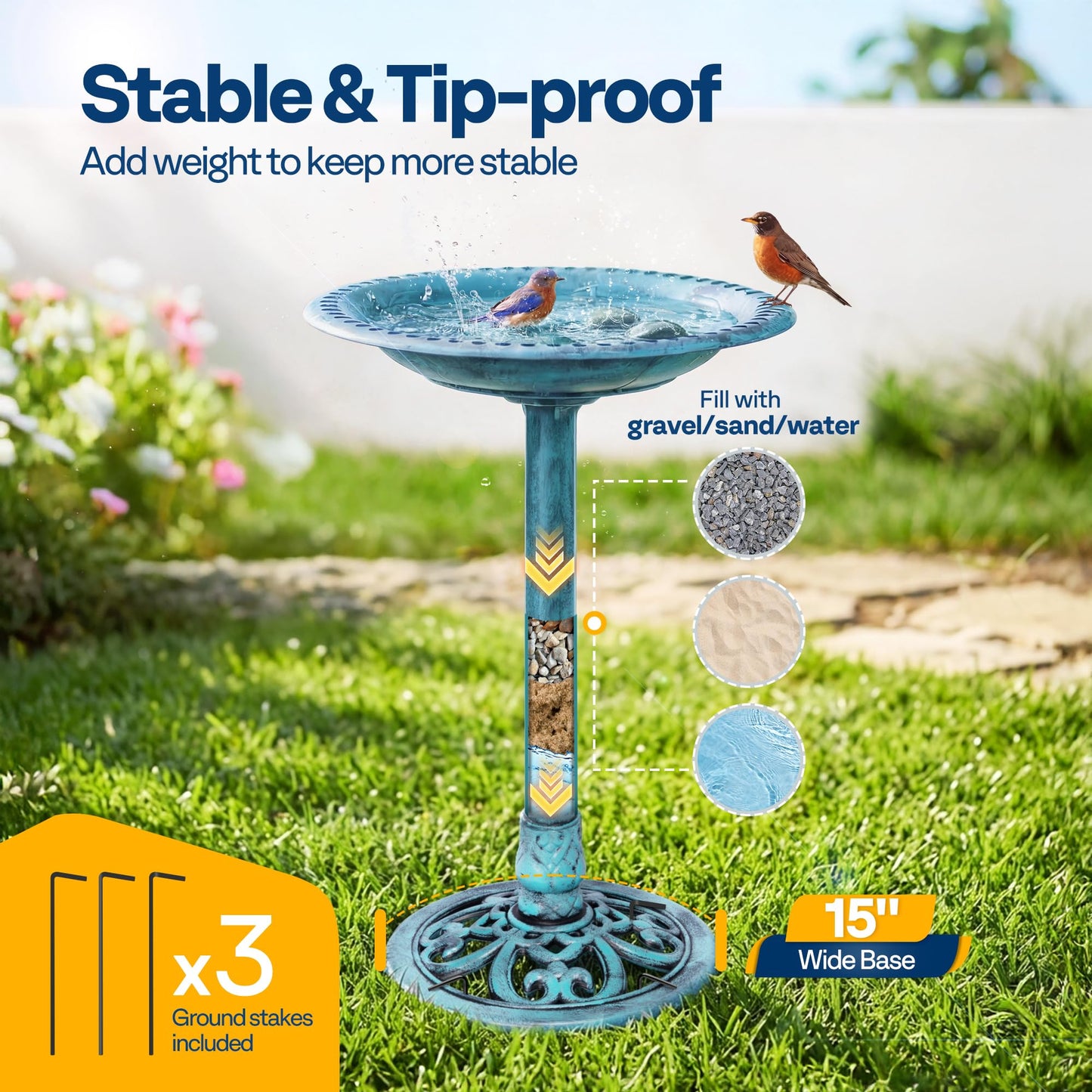VIVOHOME Bird Bath for Outside, Polyresin Pedestal Bird Baths for Outdoor, Garden, 28 Inch Height Weather-Resistant Birdbaths with 20" Bowl, Blue