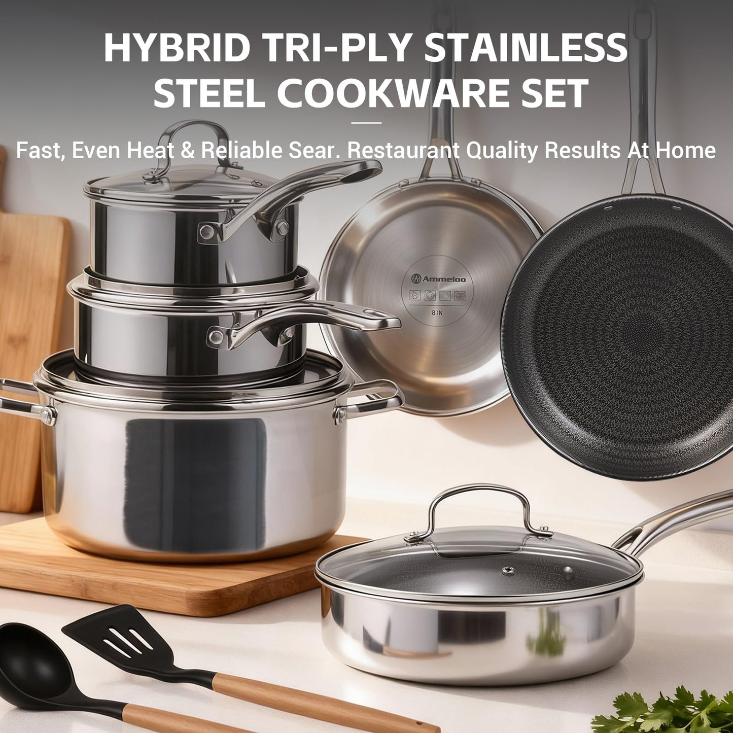Ammeloo 17 Pcs Nonstick Stainless Steel Cookware Set, Hybrid Stainless Steel Pots and Pans Set Non Stick, Non Toxic Kitchen Cookware Sets, Dishwasher & Oven Safe, Induction & All Cooktop Compatible