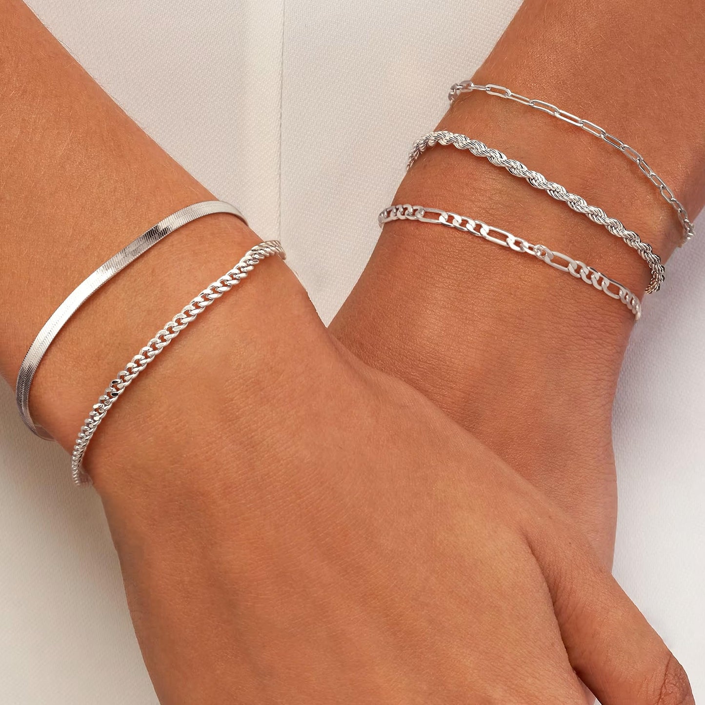 Krfy 5Pcs Silver Bracelets for Women, Gold Plated Bracelet Stack, Non Tarnish Waterproof Bracelets for Women, Fashion Accessories with Paperclip Herringbone Figaro Cuban Twist Chains