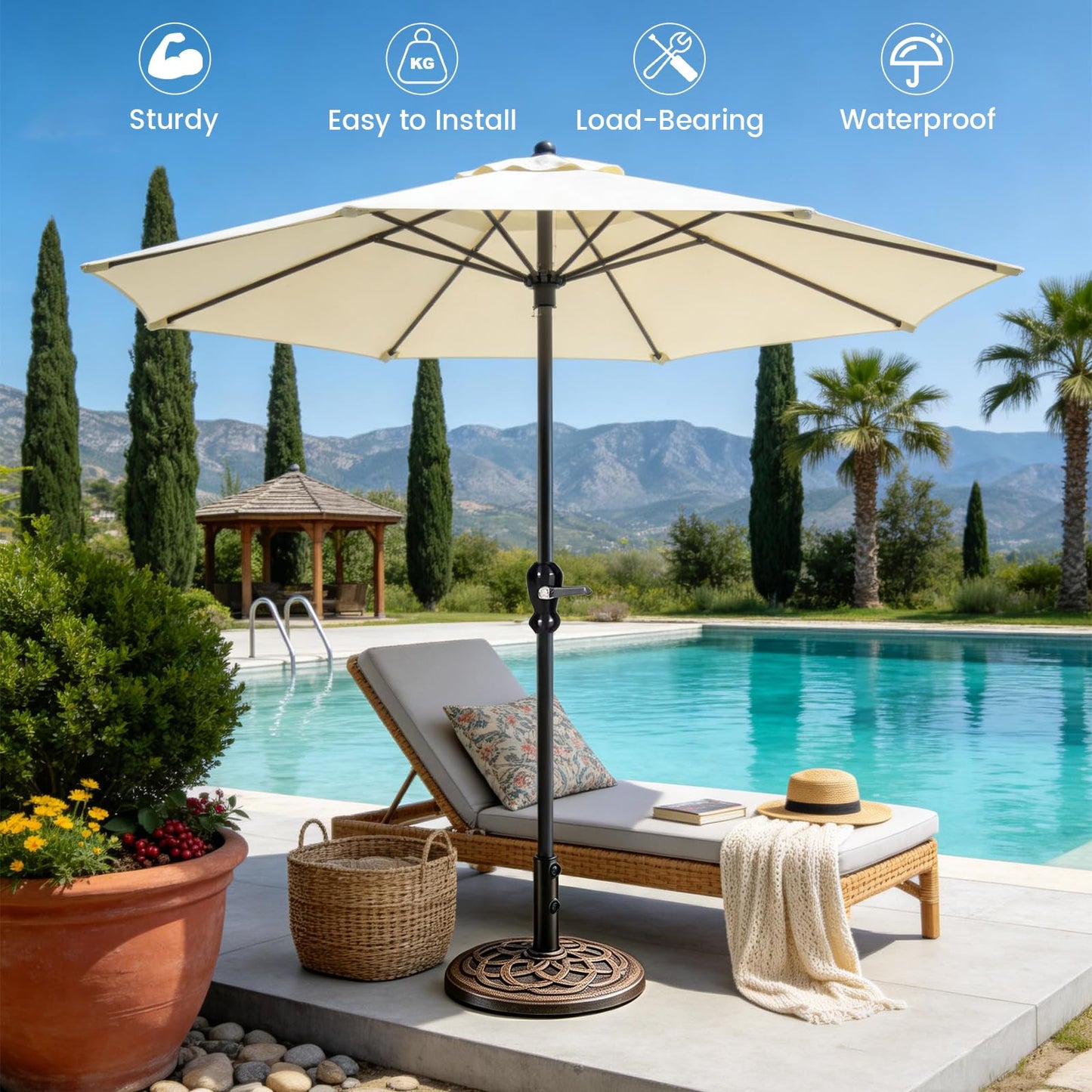 NEWBULIG 22 LBS Patio Umbrella Base, Heavy-Duty Resin Outdoor Umbrella Stand, Weather-Resistant Powder Coated Umbrella Holder for Garden/Backyard/Deck/Pool, 2 Securing Knobs & 2 Rod Adapters, Bronze