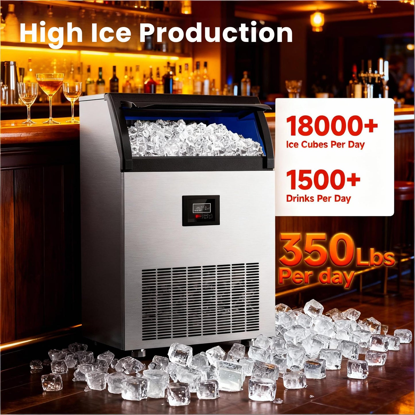 Under Counter Commercial Ice Maker, 300 lbs/24H Freestanding Ice Machine with Water Filter, 33 lbs Storage Capacity, Perfect for Home, Bar, Cafe, and Restaurant Use