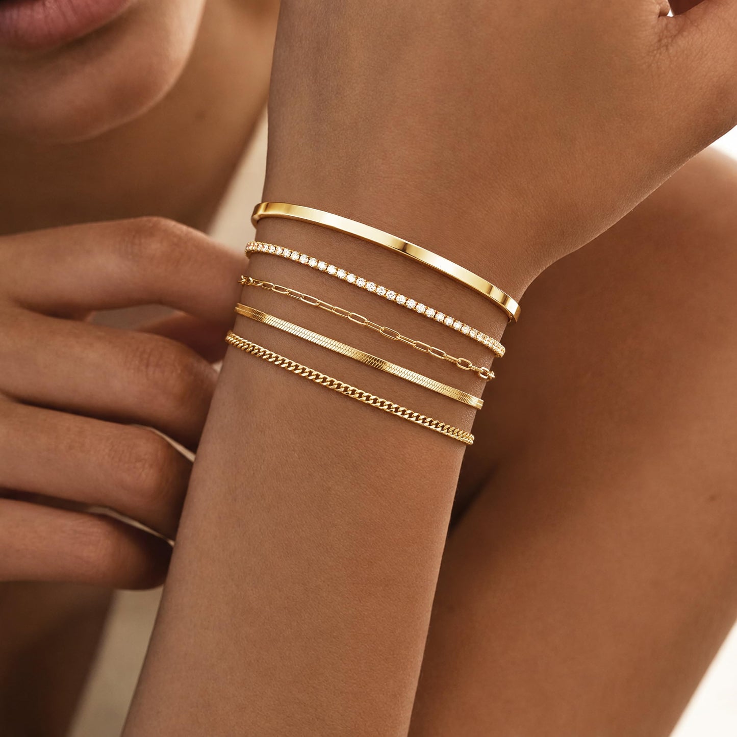 Gold Bracelets for Women 14K Gold Plated 5Pcs Dainty Bracelet Set - Waterproof Tarnish Free Stainless Steel Jewelry - Quiet Luxury Stackable Paperclip Herringbone Cuban Tennis Cuff Chain Gifts