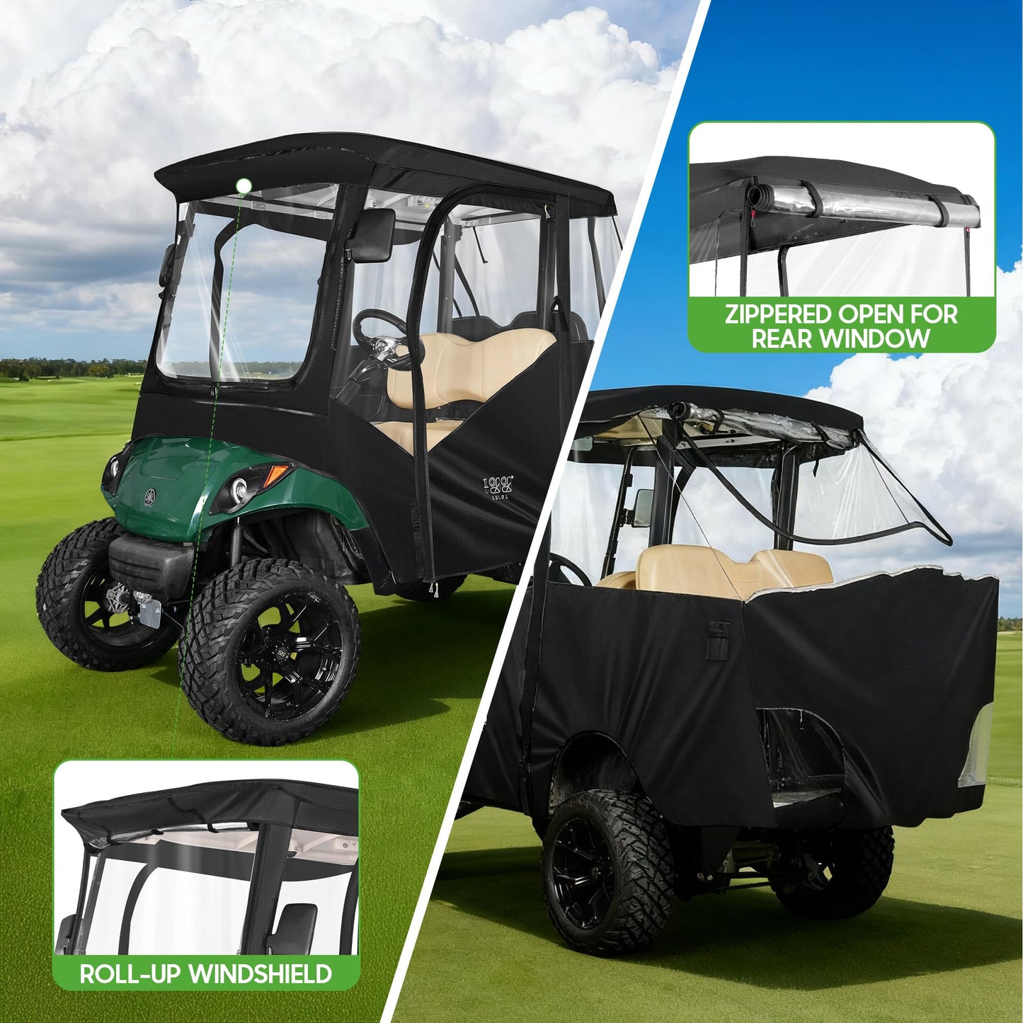10L0L Golf Cart Driving Enclosure 4 Passenger for Yamaha G14 G16 G22 G29 Drive2 with Heavy Duty Zipper,600D Golf Cart Rain Cover Driving Covers with Roll-up Windshield, 4-Sided Clear Window
