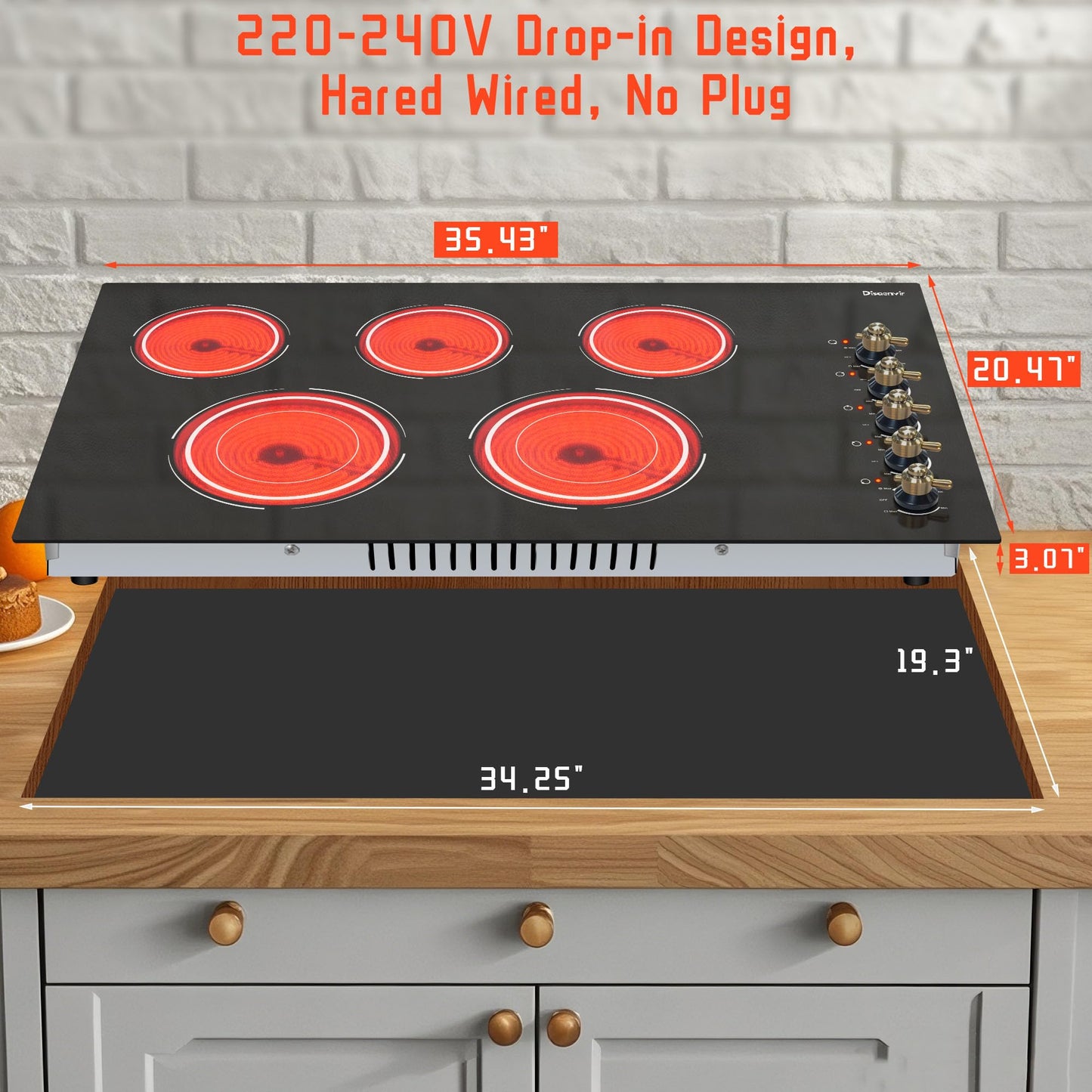 Disaenvir Electric Cooktop 36 Inch - 5 Burner Electric Stove Top with 8400W, 36 Inches Built-in(34.25"x19.3") Ceramic Stove with Dual Rings, Overheat Indicator, Knob Control, 220V - 240V Hard Wired