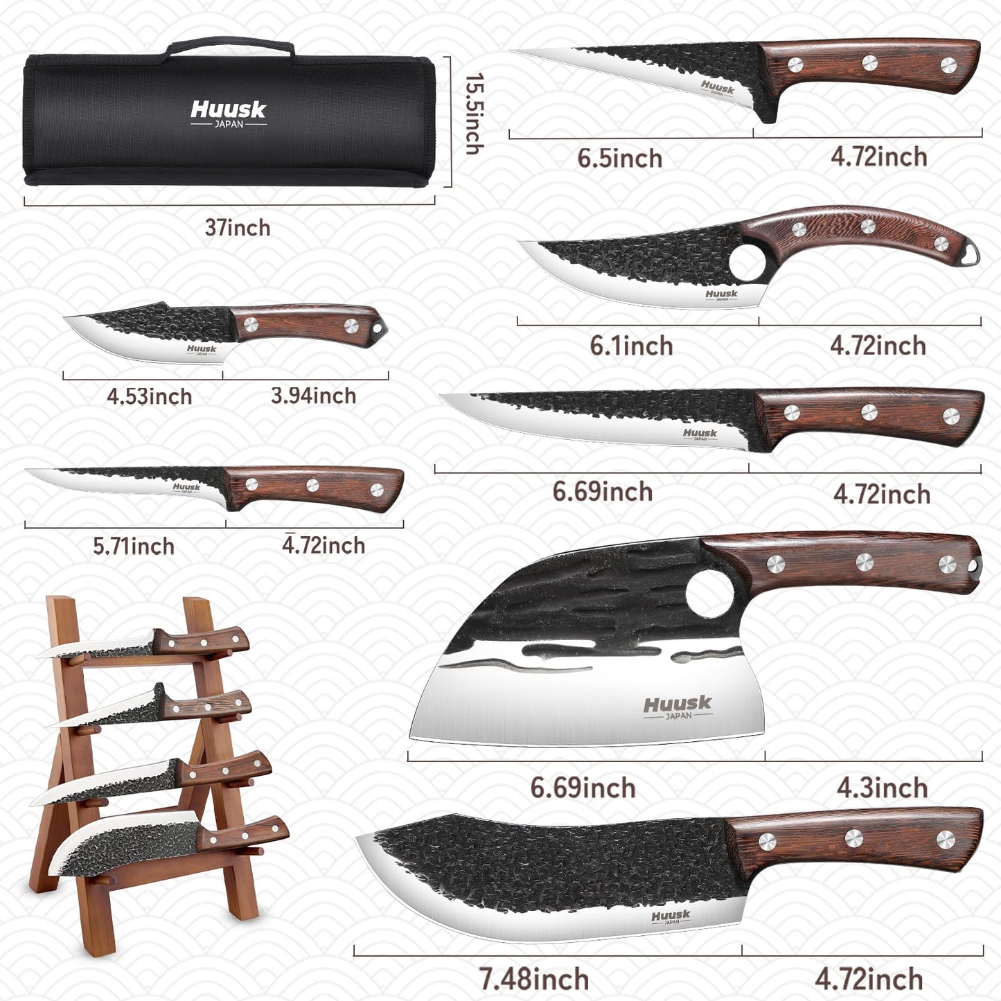 Huusk Butcher Knife Set for Meat Cutting 10pcs Viking Kitchen Serbian Chef Knife with Roll Bag Hand Forged Brisket Knives Meat Cleaver for Men Gift BBQ Outdoor Camping