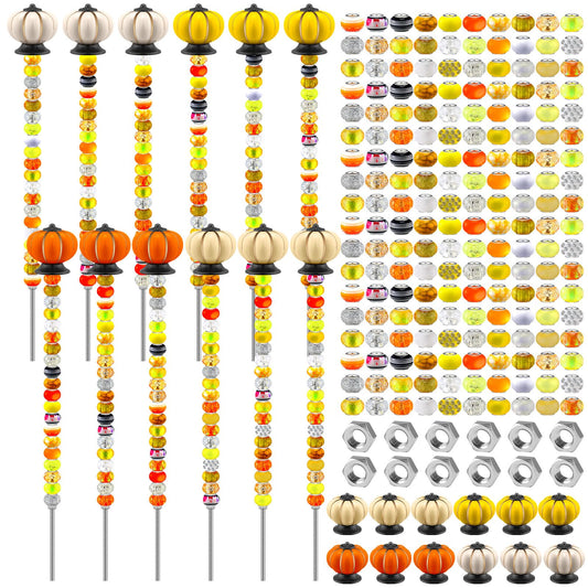 Tigeen 236 Pcs Garden Stake DIY Fairy Wand Plant Stake with 12 Colorful Crystal Stopper Top 12 Threaded Rod with 200 Large Hole Bead for Spring Summer Holiday Outdoor Decorations(Autumn Pumpkin)