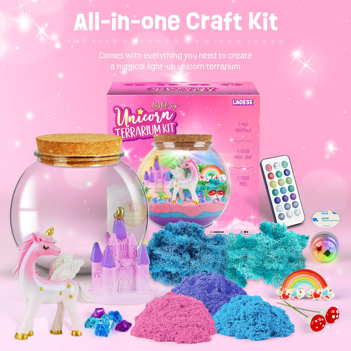 LAOESE Unicorn Light-Up Terrarium Kit for Kids – LED Night Light DIY Arts and Crafts Kit, Unicorn Toys for Girls Ages 4 5 6 7 8-12 – Birthday Gifts for Girls