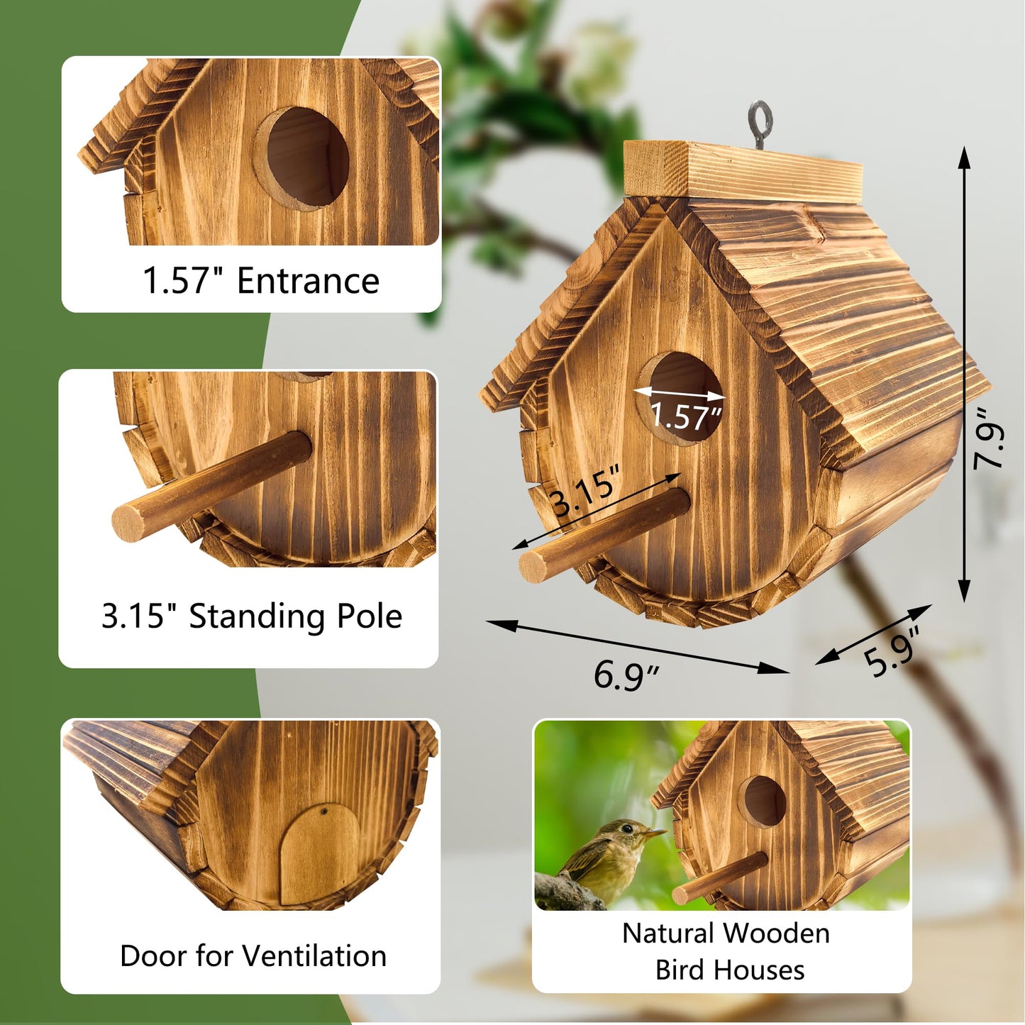 KWISAMR 1 Pack Wren Houses for Outdoors,Natural Wooden Hanging Bird House for Chickadee,Bluebird,Handmade from Natural Wood for Garden Decorations