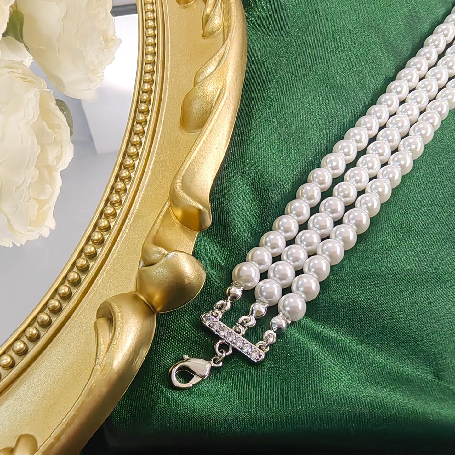 Zeffy Pearl Choker Necklace Round Imitation Pearl Necklace Multi Strands Choker Wedding Party Prom Vintage 1920s Short Choker Necklace for Women