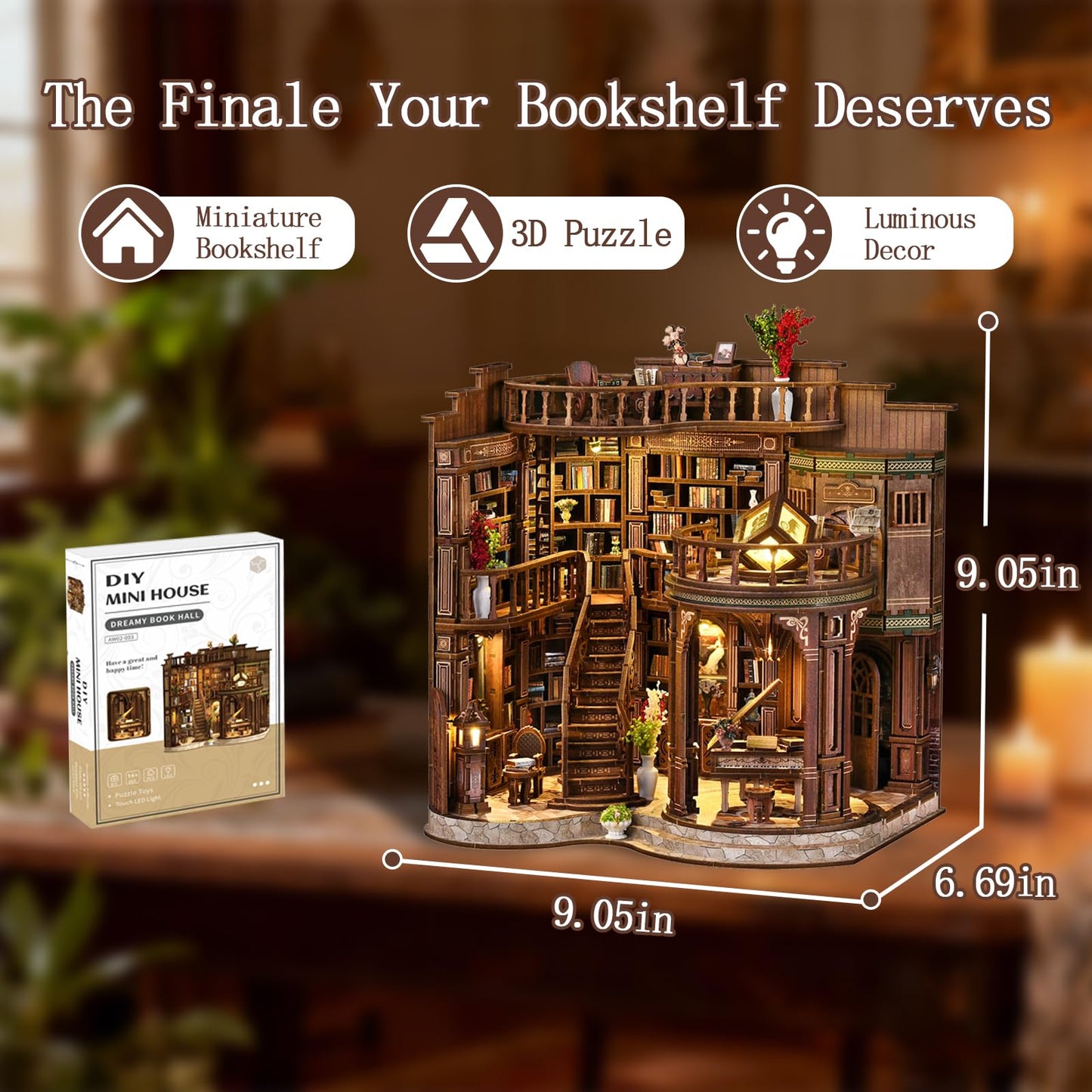Book Nook Kit - DIY Miniature House Kit for Adults and Teens, 3D Wooden Puzzle Book Nook Craft Bookshelf Decor, Gifts for Family, Friends, Dreamy Book Hall