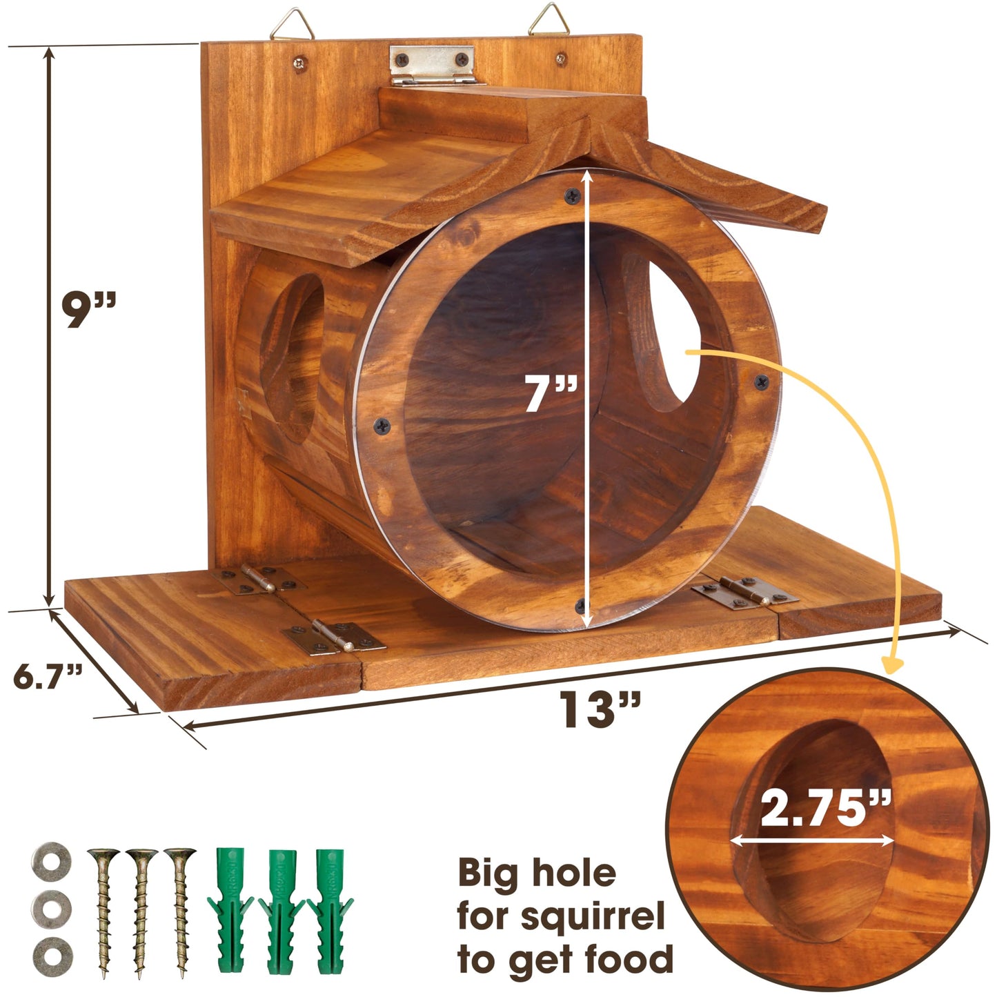 MIXUMON Wood Squirrel Feeder, Squirrel Feeders for Outside Winter, Wooden Chipmunk Feeder for Corn, Peanuts, Durable Box Easy to Fill with The Roof Can Be Opened