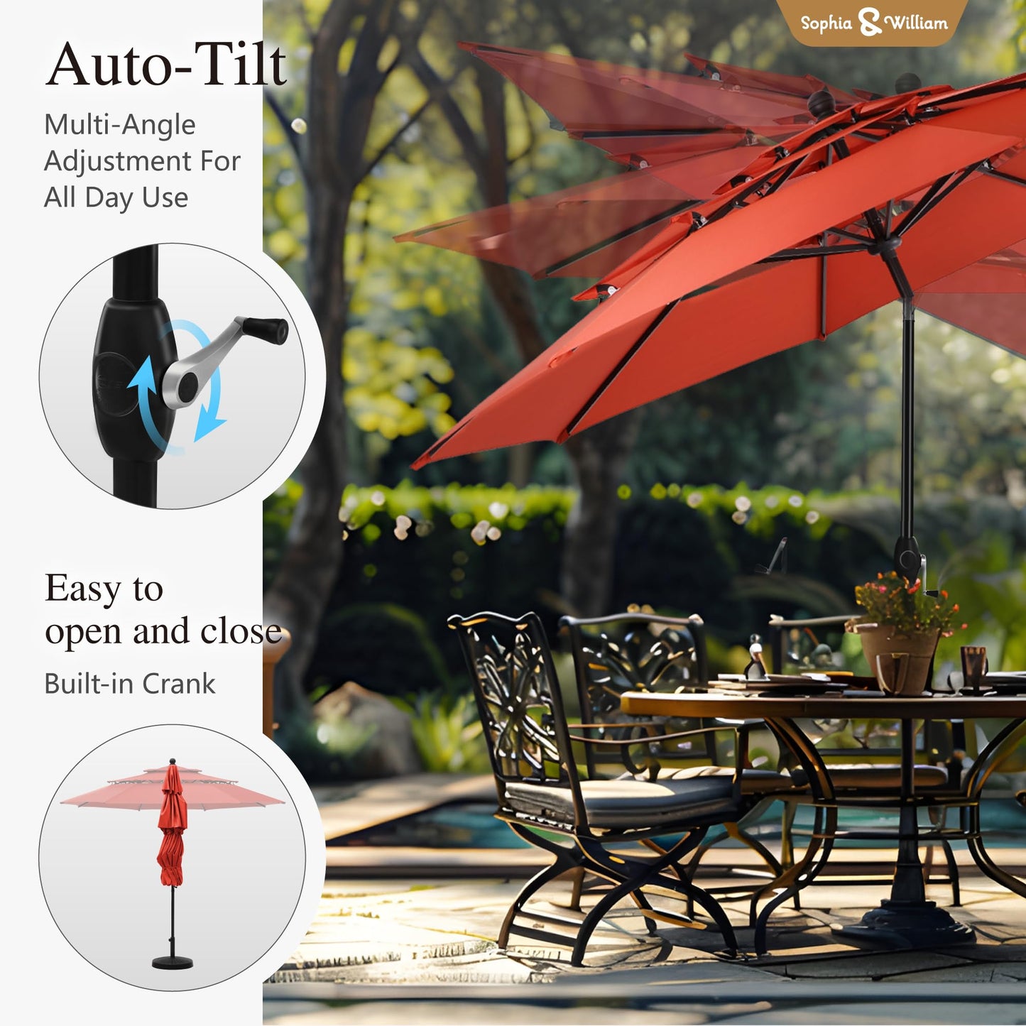 Sophia & William 10ft 3 Tier Auto-tilt Patio Umbrella,Wind Resistent,Outdoor Patio Umbrellas Double Vented Umbrella with Crank for Pool Garden Backyard, Red