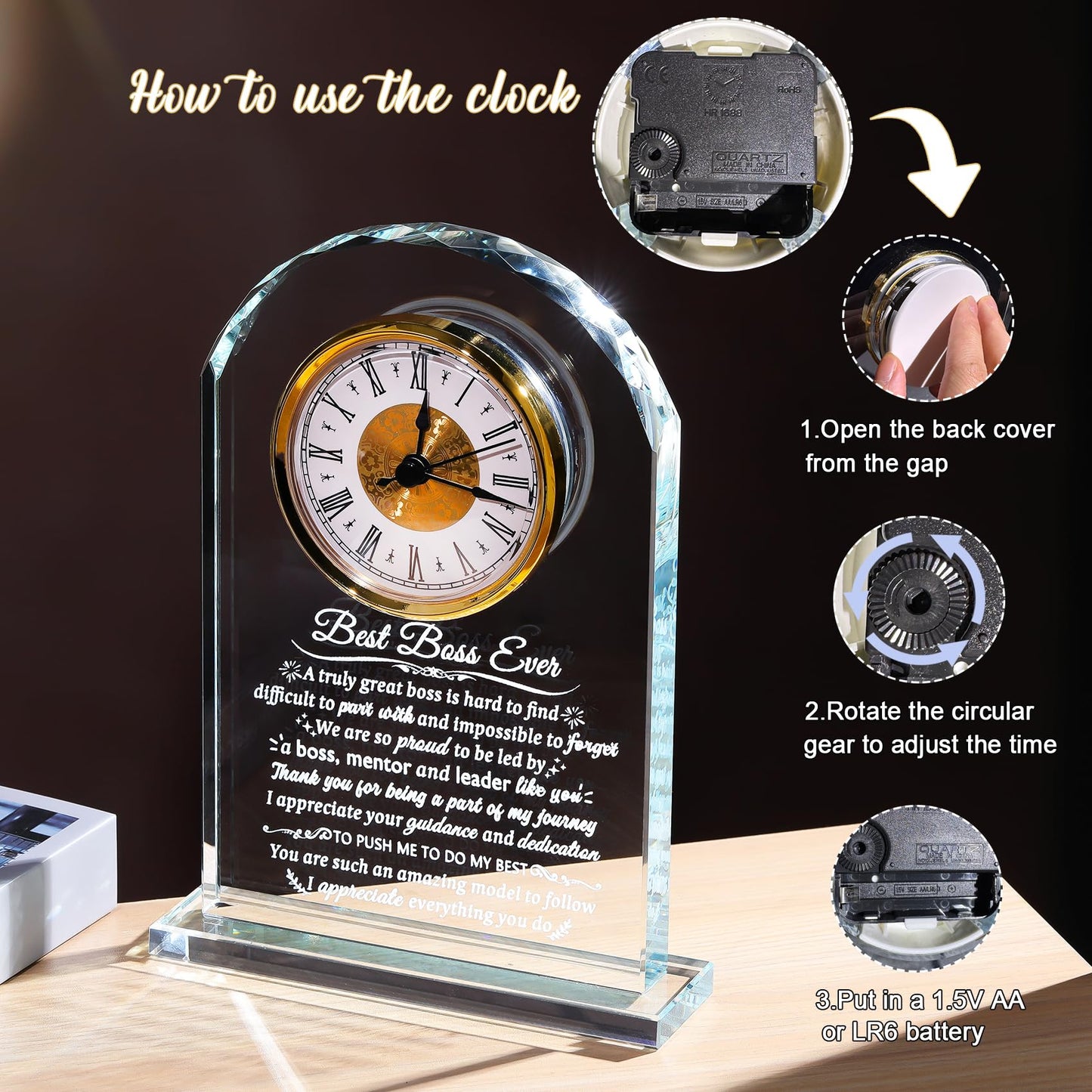 Arikyrist Boss Gifts for Men Women Glass Clock for Best Boss, Crystal Appreciation Gift for Bosses Day Birthday Going Away Farewell Thank You Retirement Keepsakes for Female Male Home Decor