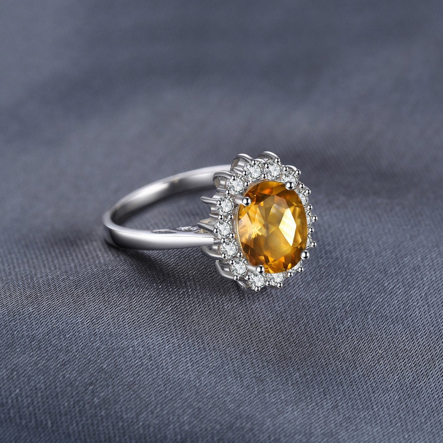 JewelryPalace Princess Diana Kate Middleton Gemstone Birthstone Yellow Amethyst Halo Statement Engagement Rings for Women, 14K White Gold Plated 925 Sterling Silver Promise Rings for Her Size 10.5