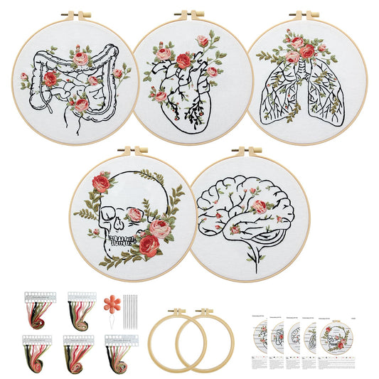 5 Sets Skull Embroidery Kits for Beginners Adults, Anatomy Embroidery Starter Kit for Doctors Nurses Christmas Gifts with Floral Stamped Pattern DIY Needlepoint Kit Cross Stitch Set Includes 2 Hoops