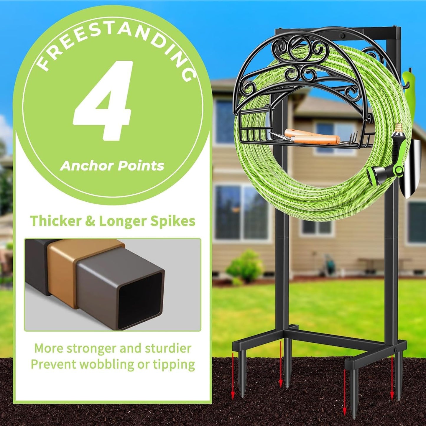 TomCare Garden Hose Holder Upgraded Water Hose Holder with Storage Basket Heavy Duty 4 Spikes Hose Hanger Holds 160 Feet Hoses Stable Freestanding Hose Storage Organizer for Outside Yard