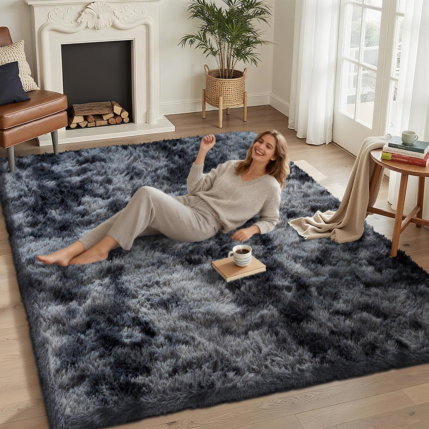 NoiFamo 5x7 Area Rugs for Living Room Bedroom, Soft Fluffy Shaggy Bedside Rug, Indoor Floor Carpet for Kids Playroom, Dorms, Nursery Rooms, Home Decor (Tie-Dyed Dark Grey 5'x7')