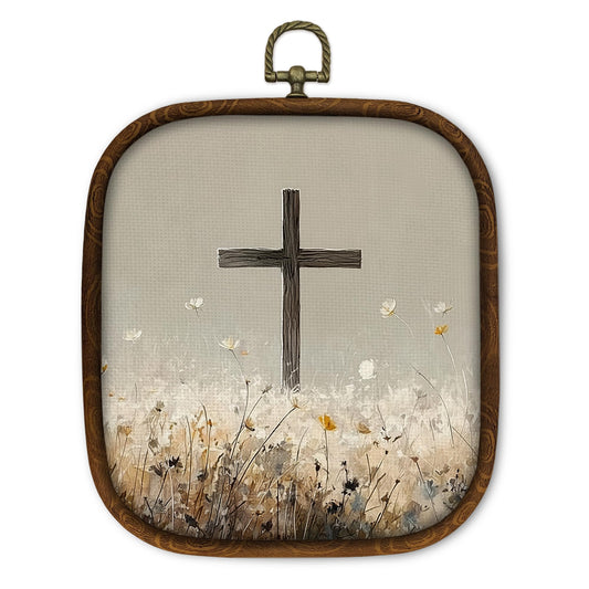 WULQYING Christian Crosses Religious Wall Art Decor, Minimalist Jesus Christian Faith Square Framed Canvas Art Prints, Field Landscape Wall Hanging Decor for Home Bedroom Church, 5.7x6.5 Inches