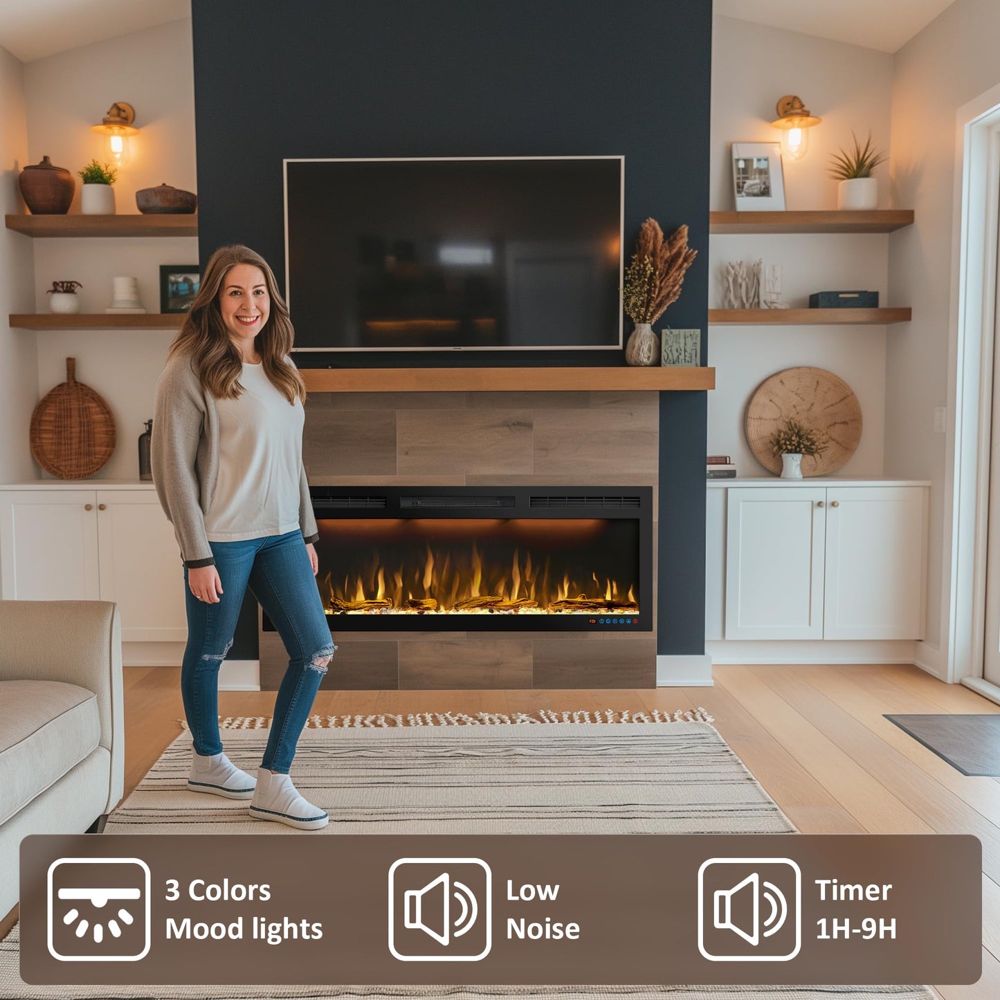 Dreamflame 40inch Electric Fireplace, Recessed& Wall Mounted Fireplace Heater with Larger Screen, Colorful Flame Warm and Decorate Home with Remote Control, 750W/1500W, Black