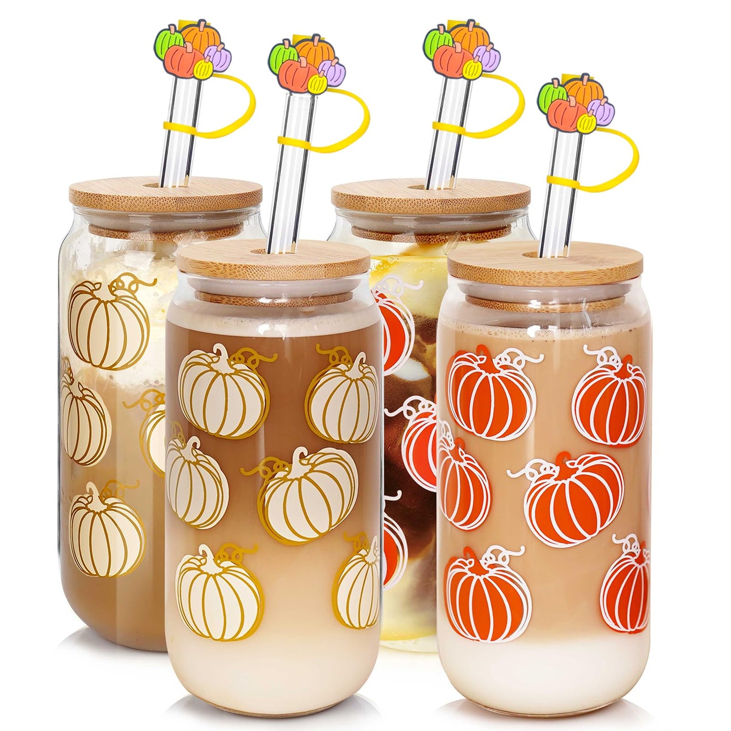 ANOTION Cute Iced Coffee Glass Cups, 18oz Pumpkin Tumbler Set - 4 Packs Fall Mug with Lids and Straws - Fall Wedding Gifts, Thanksgiving Decor, Family Gifts