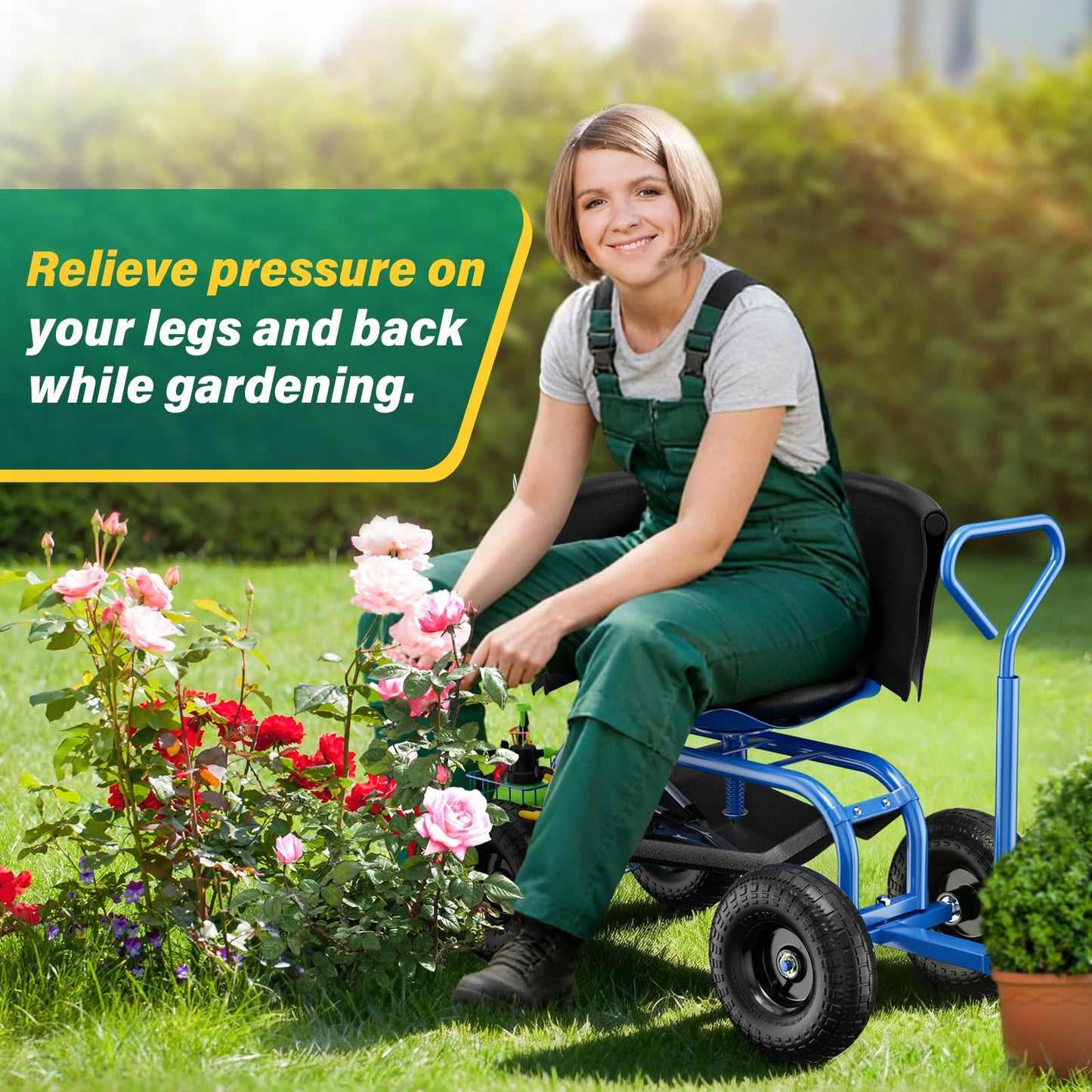 Baotree Garden Seat with Wheels, Rolling Garden Stool with Adjustable 360°Swivel Seat, Storage Basket & Extendable Handle, Outdoor Gardening Scooter, Garden Cart Workseat Stools for Seniors