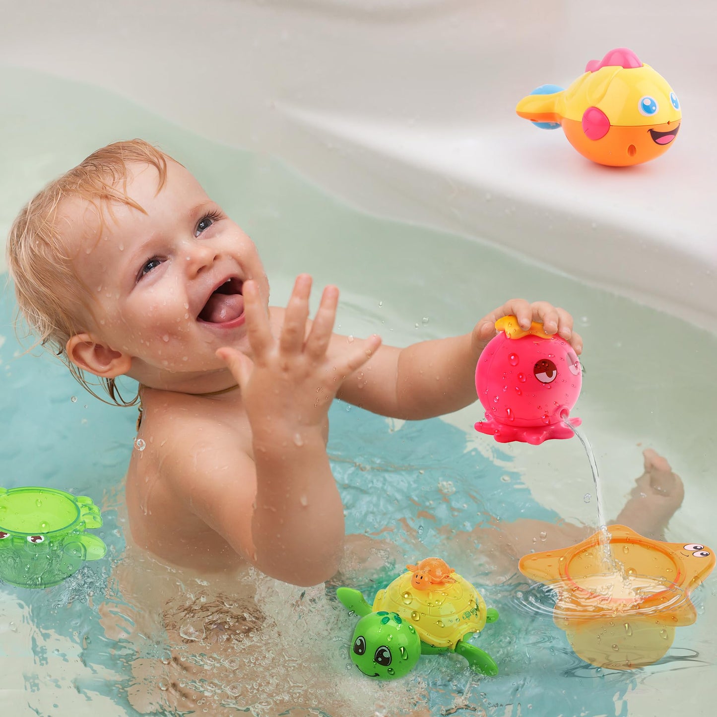 iPlay,iLearn Baby Bath Toys w/ Organizer, Infant Bathtub Shower Toy, Wind up Turtle, Water Squirt Octopus, Stacking Cup for Tub Pool, Birthday Gift 6 9 12 18 Month 1 2 3 Year Old Toddler Girl Boy Kid