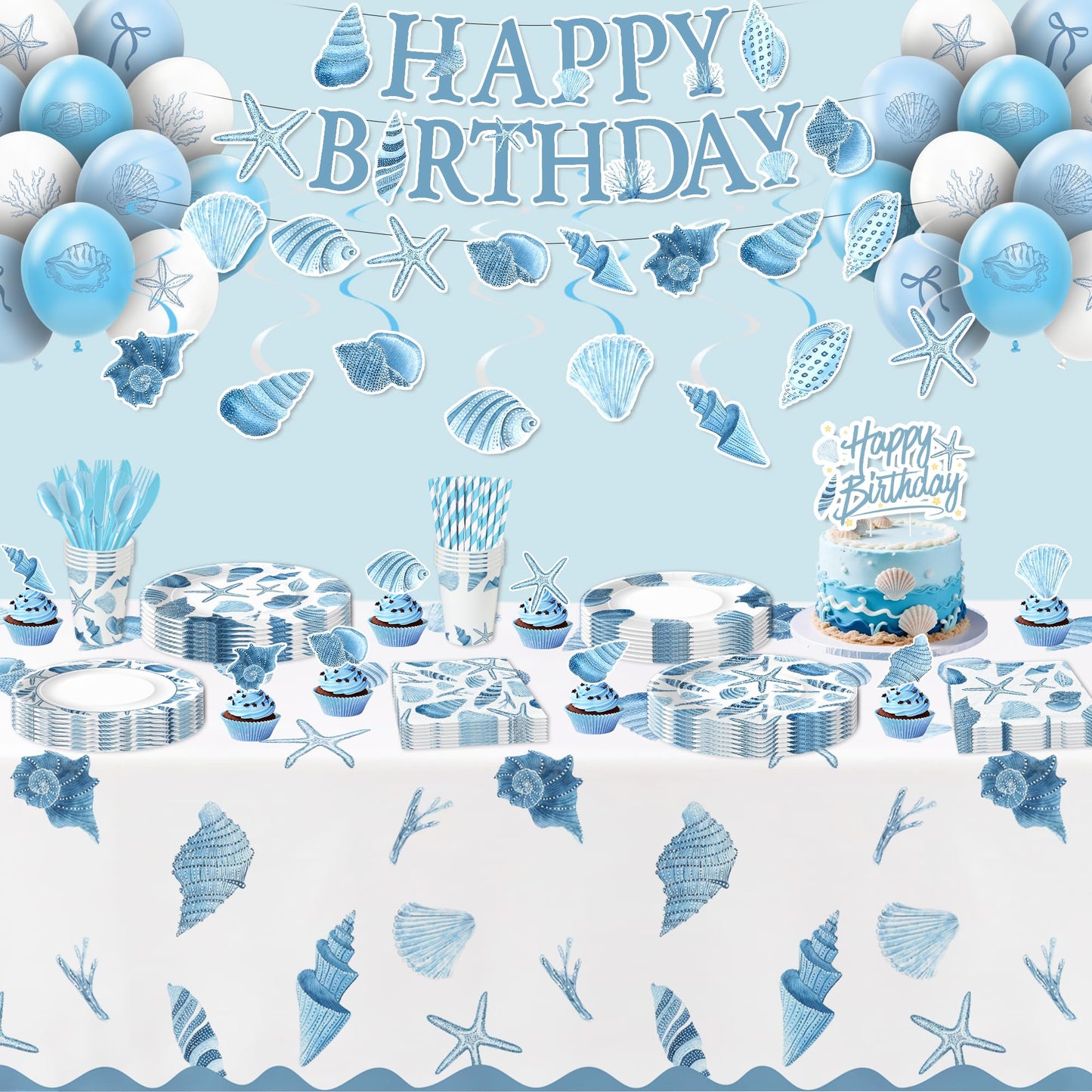FVABO Ocean Seashell Birthday Decorations, Blue Sea Shell Party Supplies for Beach Summer Pretty Birthday Baby Shower, Plate, Cup, Napkin, Tablecloth, Banner, Balloon, Swirl, Topper, Cutlery, Serve 24