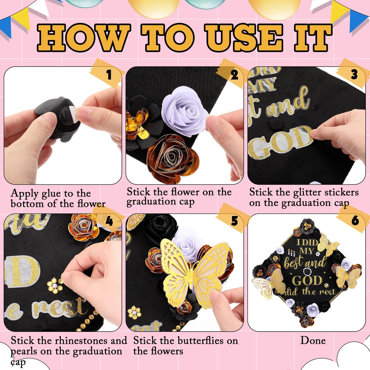 Feifeiya 44 Pcs DIY Graduation Cap Decoration Accessory Kit Faux Paper Flower Head Graduation Quote Glitter Sticker 3D Butterfly Pearl Rhinestone Sticker for Grad Cap Topper Gift (Black Gold)