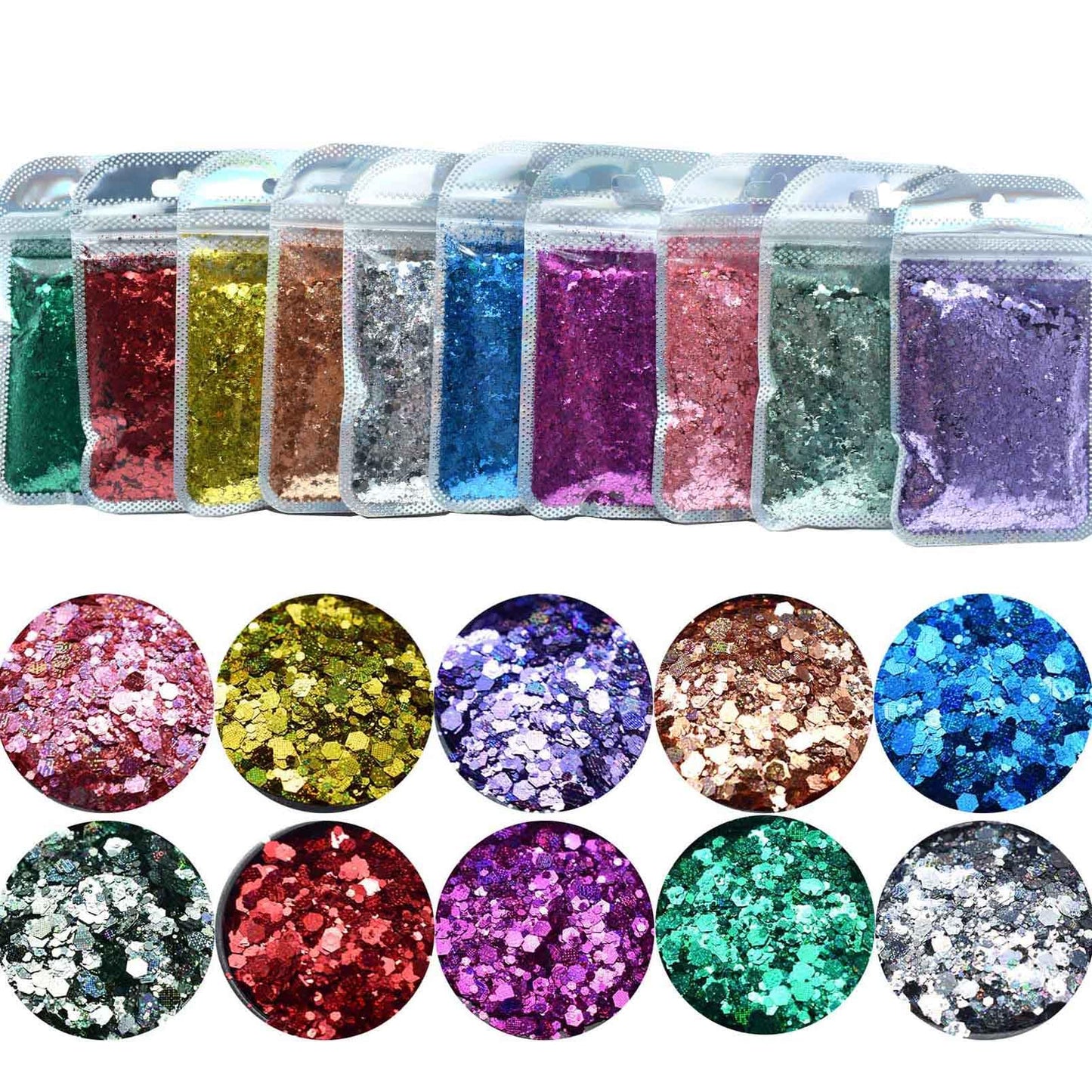 10 Bags Chunky Glitter, Foluvinzzis Holographic Hexagon Crafts Sequins Mix Glitter for Tumbler, Resin, Epoxy, Slime, Holiday Decoration, Nail Arts, Printing, Face, Hair, Makeup