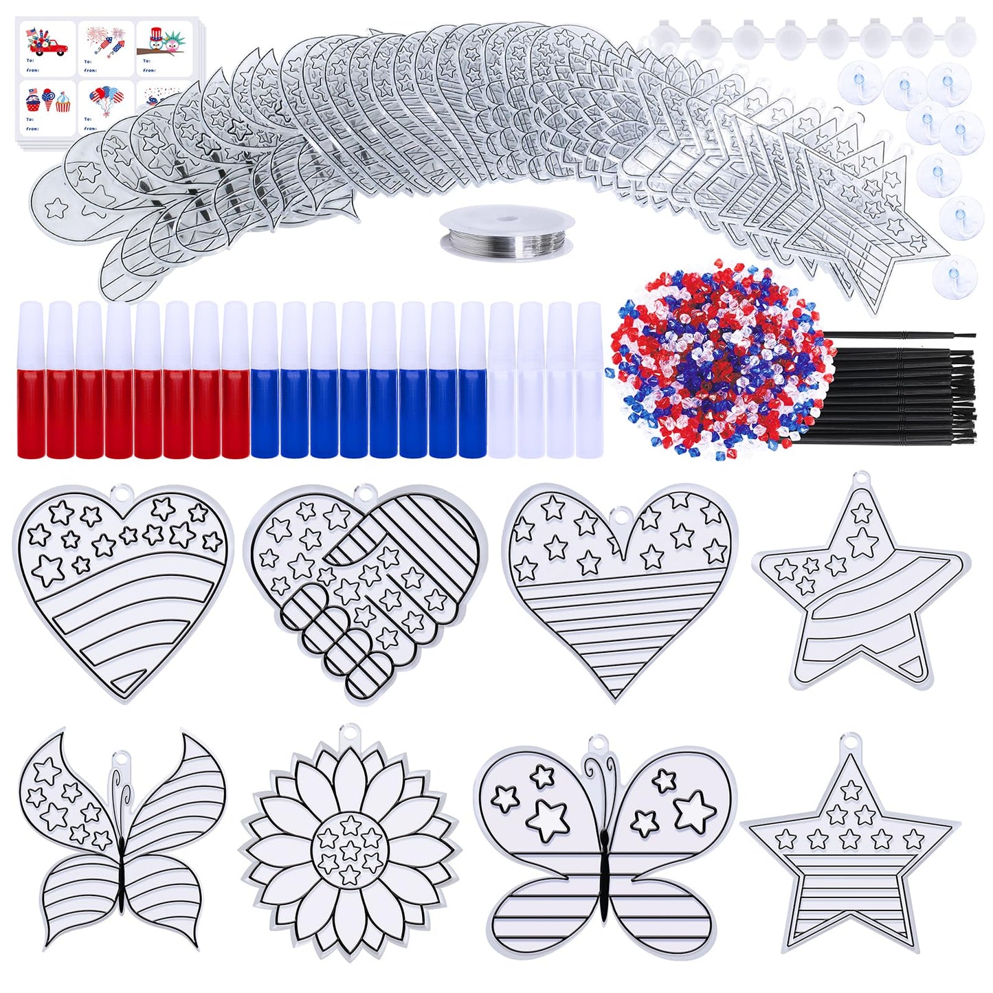 Winyn 24 Sets Patriotic Suncatchers Ornaments Decorations DIY Window Paint Art Stickers Craft Kit American Star Heart Sun Catchers for Kids Classroom 4th of July Activity Art Projects Party Favors