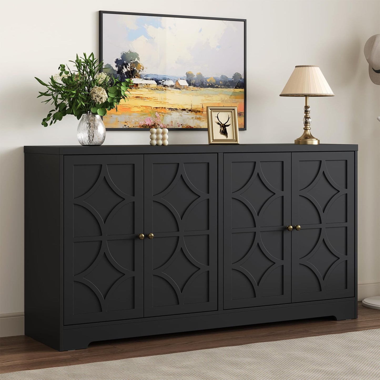FansaFurn Sideboard Buffet with 4 Doors, Mid-Century Sideboard Cabinet with Adjustable Shelves, Accent Cabinet for Entryway, Living Room, Dining Room, Black