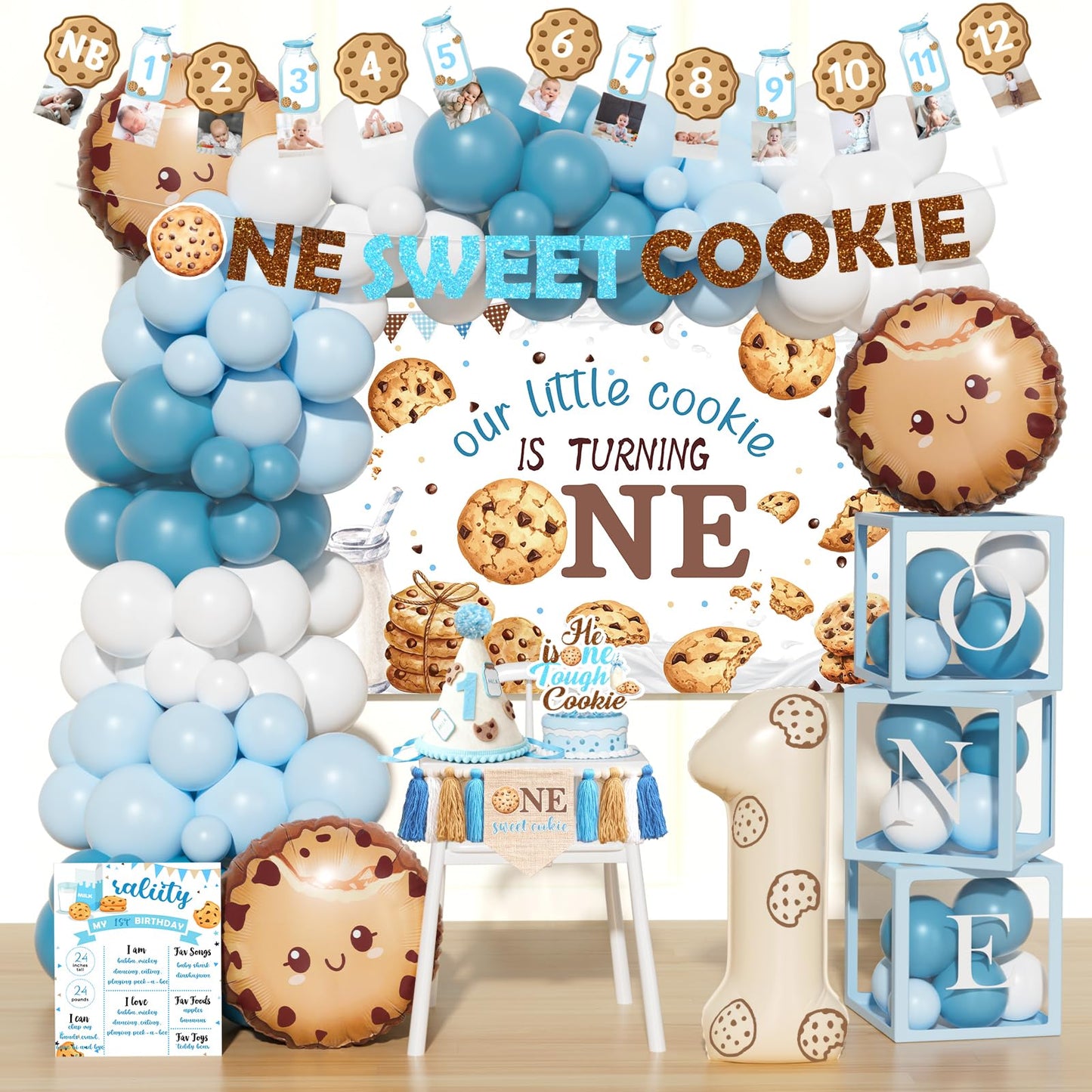 Costova Milk and Cookies 1st Birthday Decorations, 106 PCs One Sweet Cookie Birthday Supplies with Backdrop, Balloon Garland, Cake Topper, Hat for One Year Old Boy Party