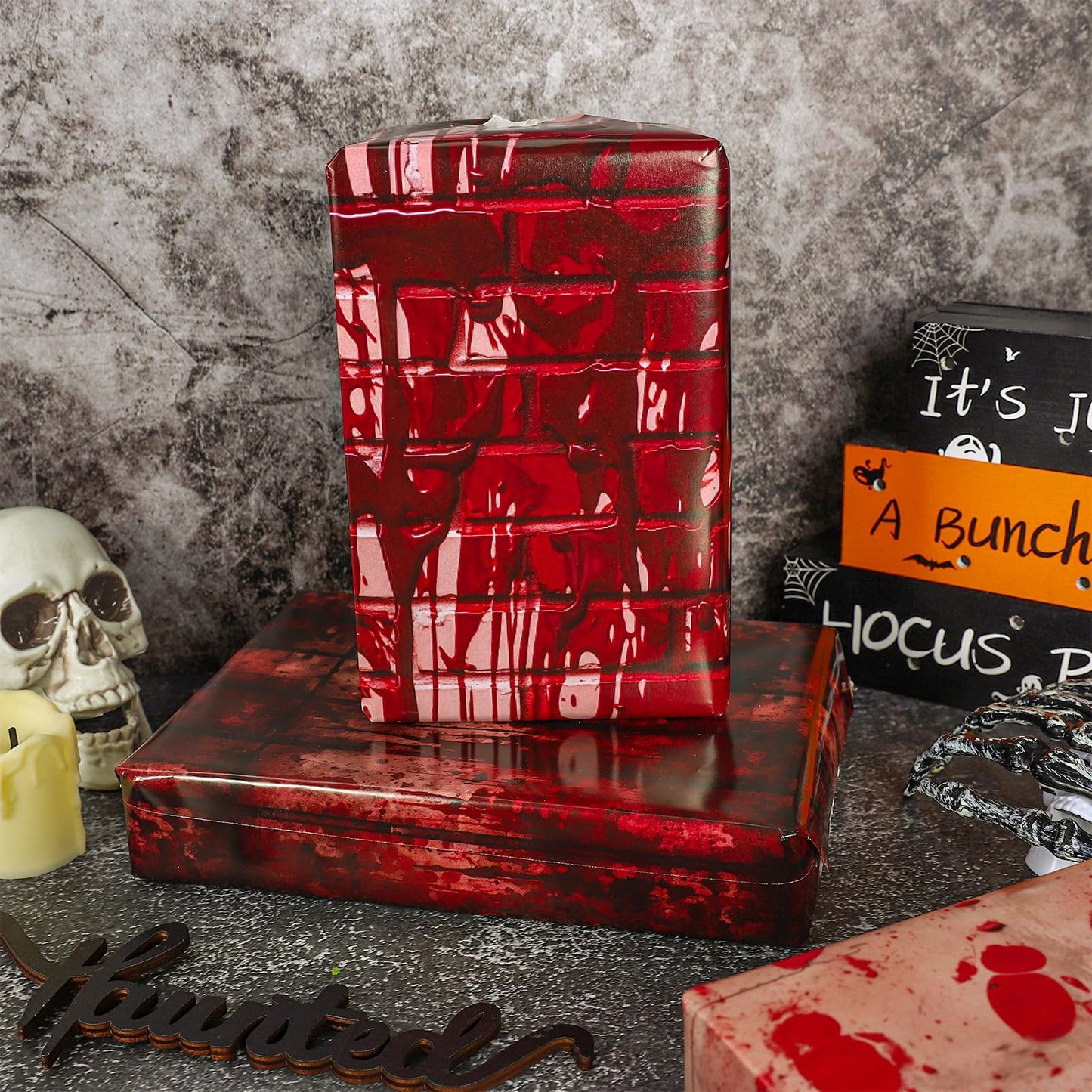 JarThenaAMCS 12 Sheets Halloween Bloody Wrapping Paper - Not Roll - Blood Splatter Brick Gift Wrap Paper Folded Flat for DIY Crafts Holiday Horror Party Supplies, 19.7 x 27.6 Inch