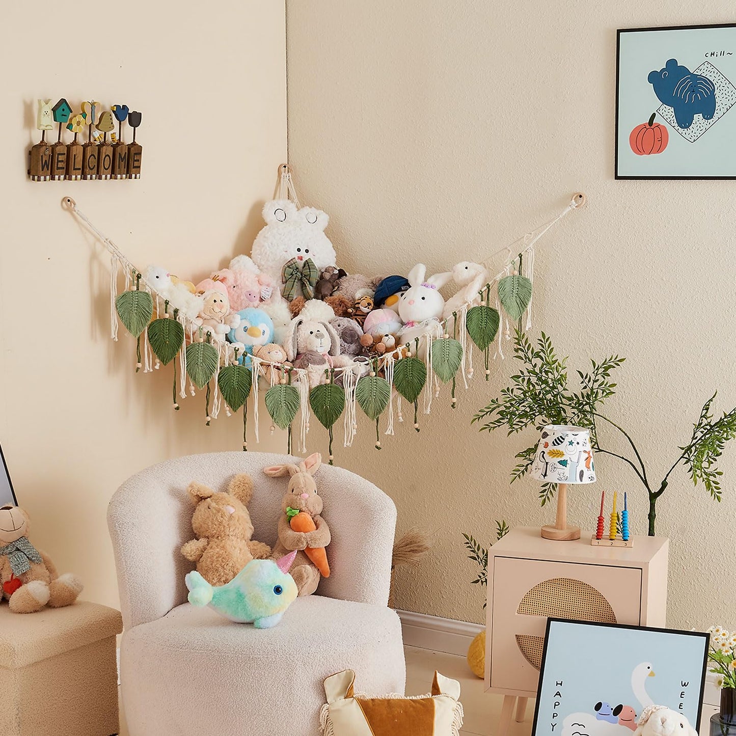Pretty Jolly Macrame Stuffed Animal Hammock with Beads Hand Woven Leaf Tassels Corner Hanging Net Boho Plush Holder for Toys Kid Room Nursery Decor Organizer for Girls Gift(Sage Green&Avocado Green)