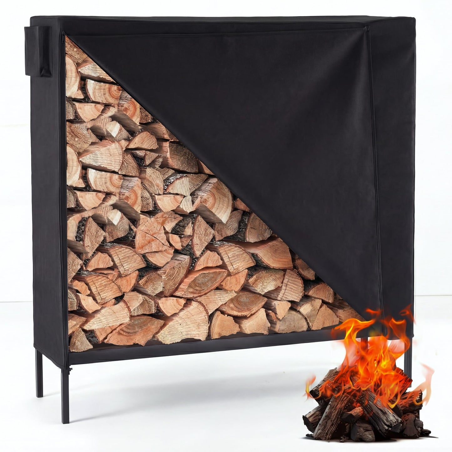 DUMOS 4FT Heavy Duty Firewood Storage Rack, Firewood Storage Log Rack with Cover and Zipper, Indoor Outdoor Wood Racks for Fire Wood Holder