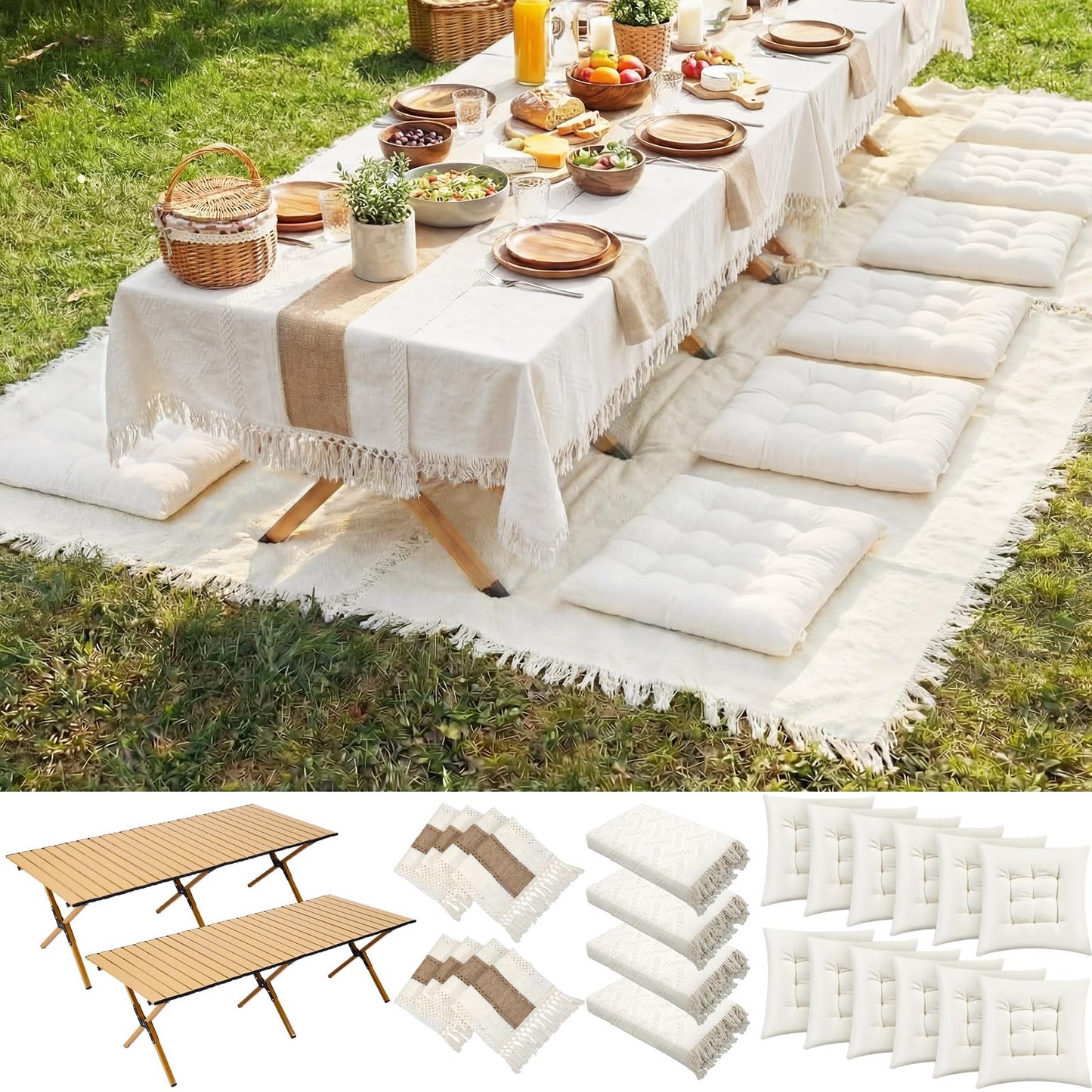 Novabright 20 Pcs Picnic Kit Folding Picnic Table 59'' x 20.5'' Large Outdoor Boho Blanket 91'' x 71'' Beige Table Runner 6 Floor Pillows Cushions Woven Cotton Oversize Washable for Camp Wedding