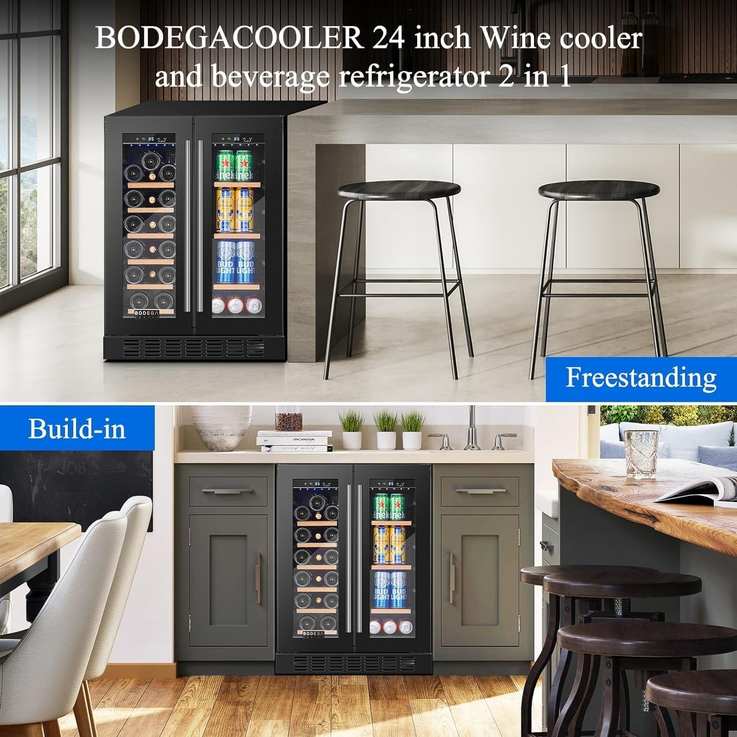 BODEGA 24 Inch Wine and Beverage Refrigerator Free Standing. Dual Zone Stainless Steel Wine Fridge under Counter, Drink Cooler for Beer, Soda, Champagne, Holds 41 Cans and 17 Bottles, Black