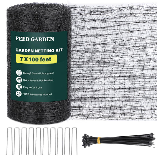 FEED GARDEN Heavy Duty Deer Netting - 7x100ft UV-Protected Garden Fence with 3/4" Fine Mesh - Includes 10 Stakes & 50 Zip Ties for Easy Installation