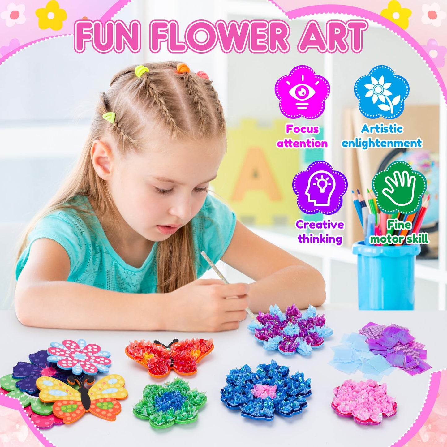 MUNDIDO Poke in Fun Art Flower Bouquet, Mess Free Paper Craft Kits for Kids, DIY Creative Activity Gifts for 6 7 8 9 10 Year Old Girls, Birthday Gifts for Girls Boys Age 5-12 Easter Basket Stuffers