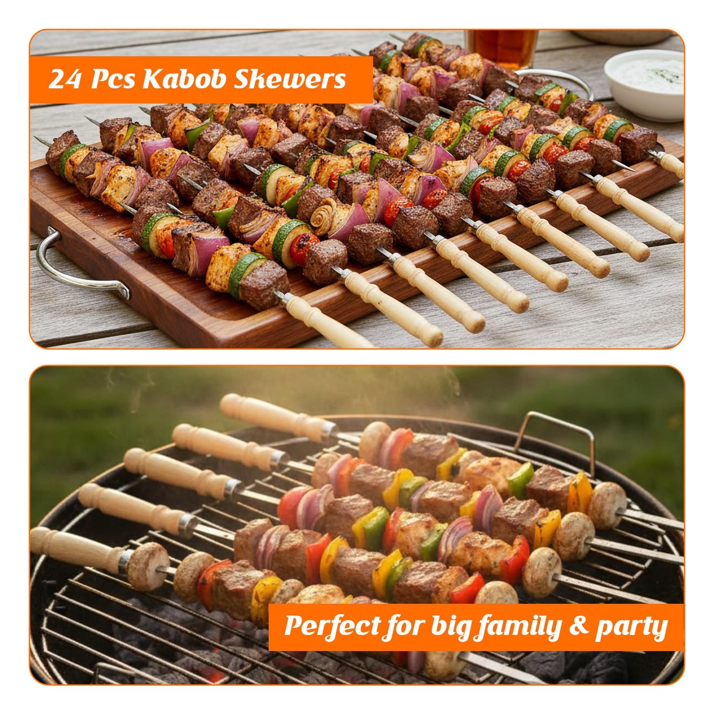 WRENYZK 24 Pcs Barbecue Skewers with Wooden Handles, Kabob Skewers for Grilling, 15.75" Stainless Steel BBQ Skewer with Basting Brush, Kabob Skewers Skewer Sticks for Camping or family