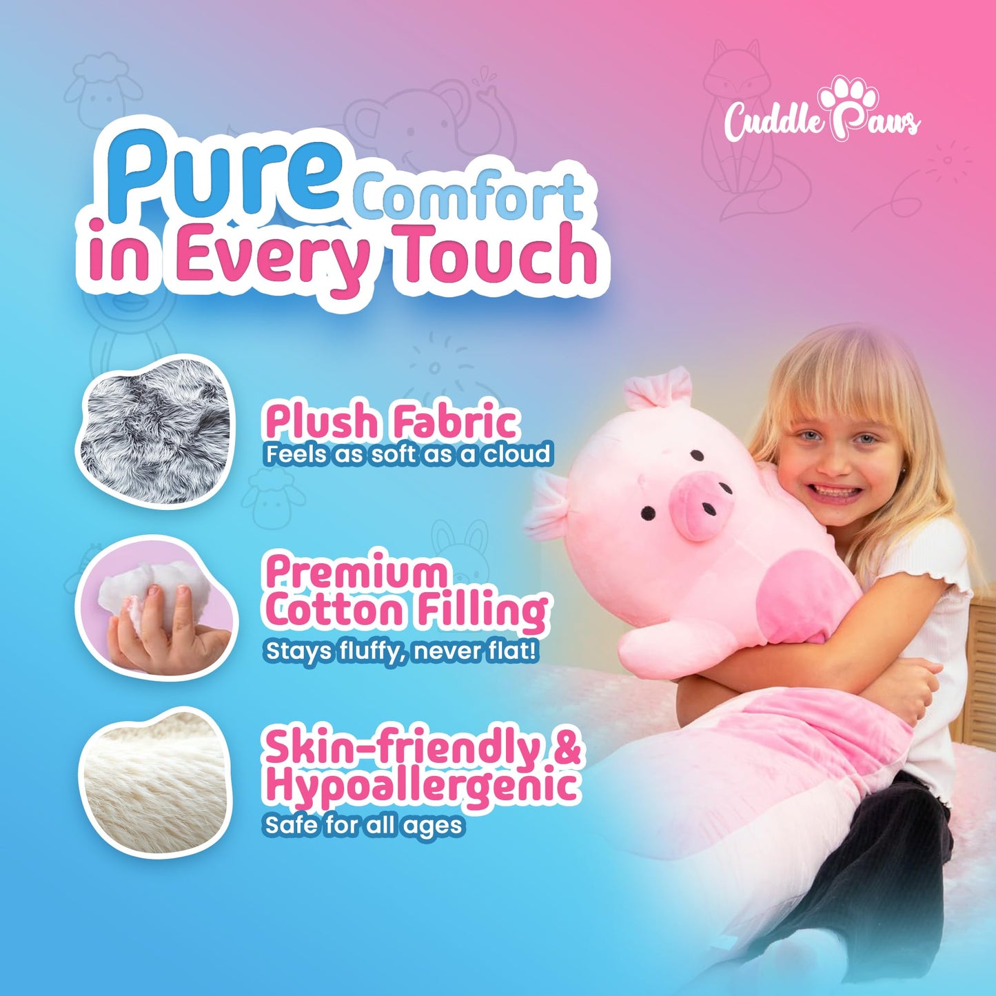 Cuddle Paws Big Pig Plush Body Pillow for Kids | Long Stuffed Animal Cuddle Pillow | Soft Hugging Toy | Plushie Gift for Girls & Boys | Long Plush Body Pillow for Comfort | Small, 23 Inches