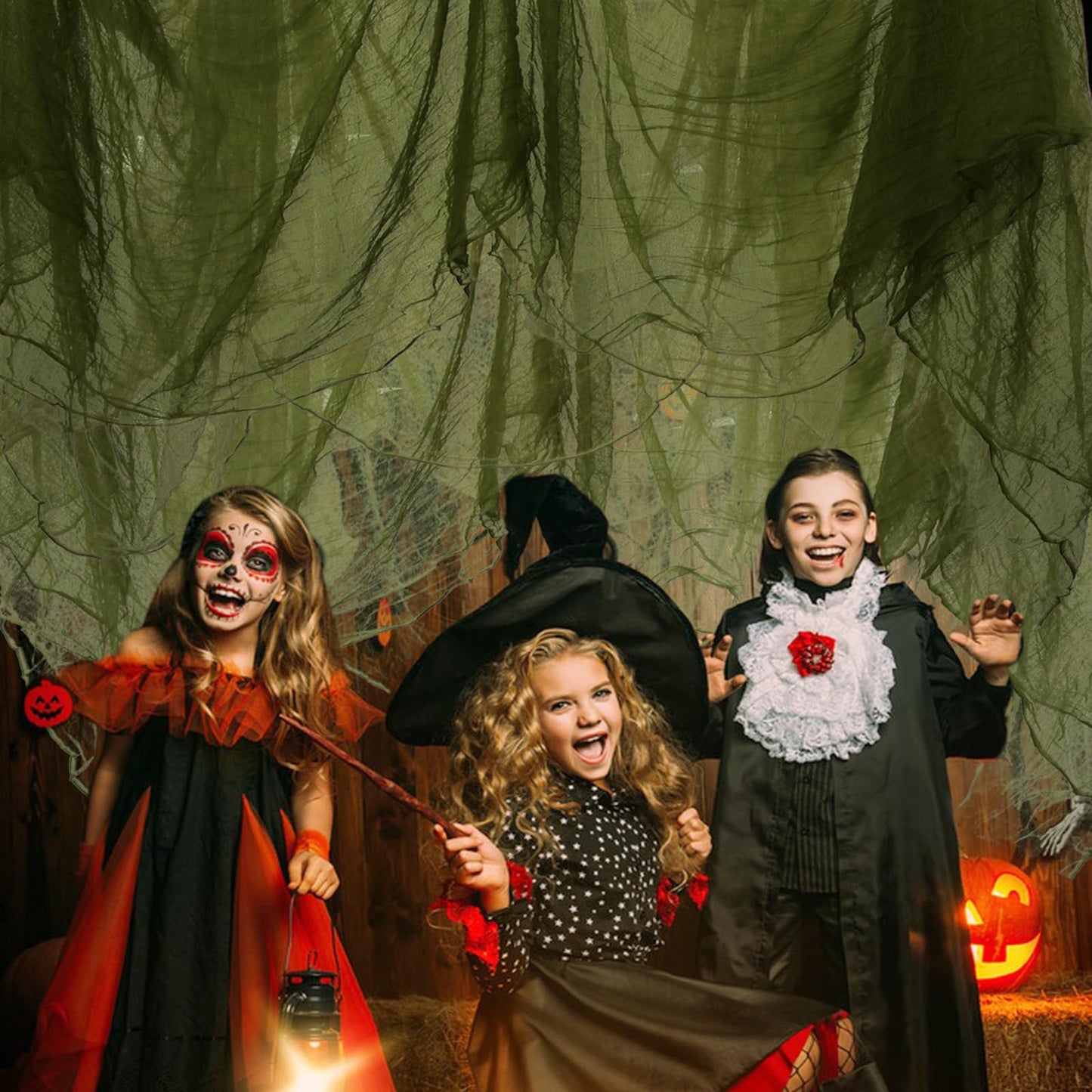 472 x 40 Inch Large Size Green Creepy Cloth Decoration Halloween Spooky Gauze Scary Hanging Fabric Cloth for Home Wall Yard Haunted House Halloween Party Supplies(472 x 40 Inch)
