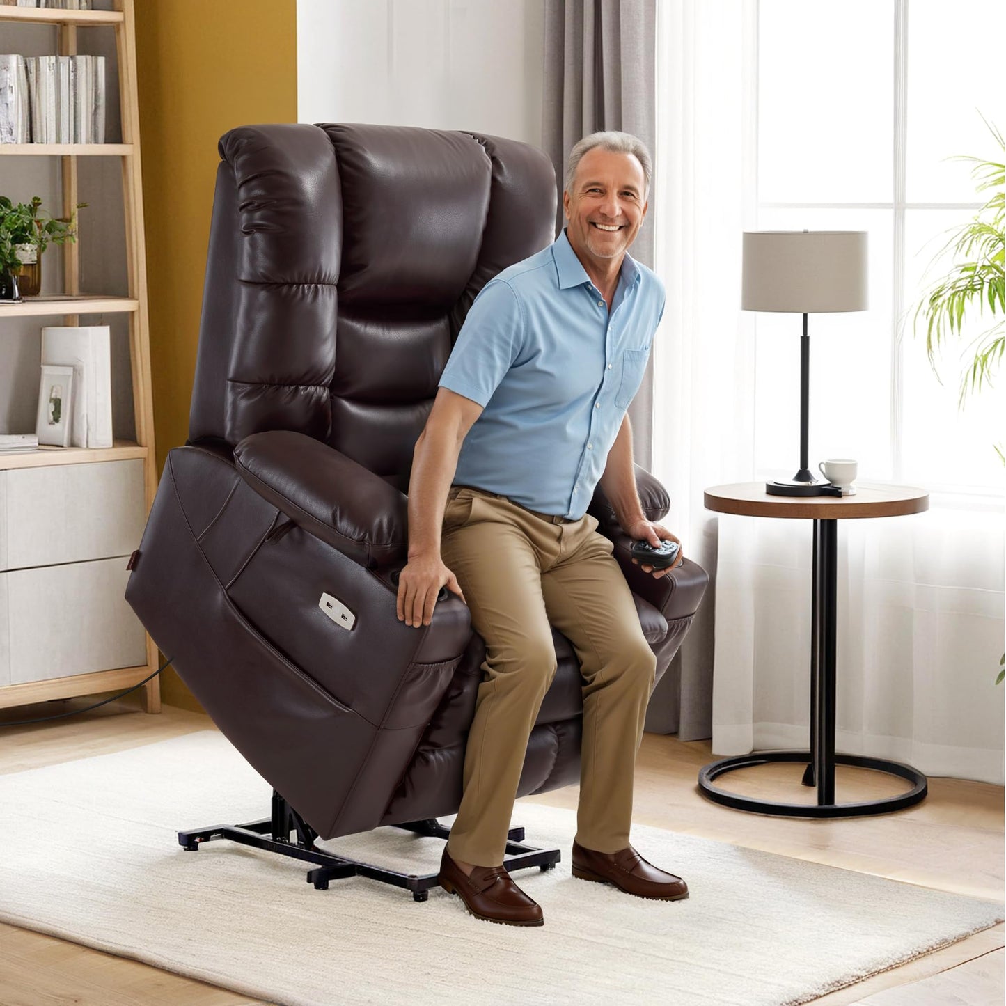 MCombo Large Triple Motor Power Lift Recliner Chair with Massage and Dual Heating, Adjustable Headrest for Tall Elderly People, Faux Leather 7634 (Dark Brown, Large)