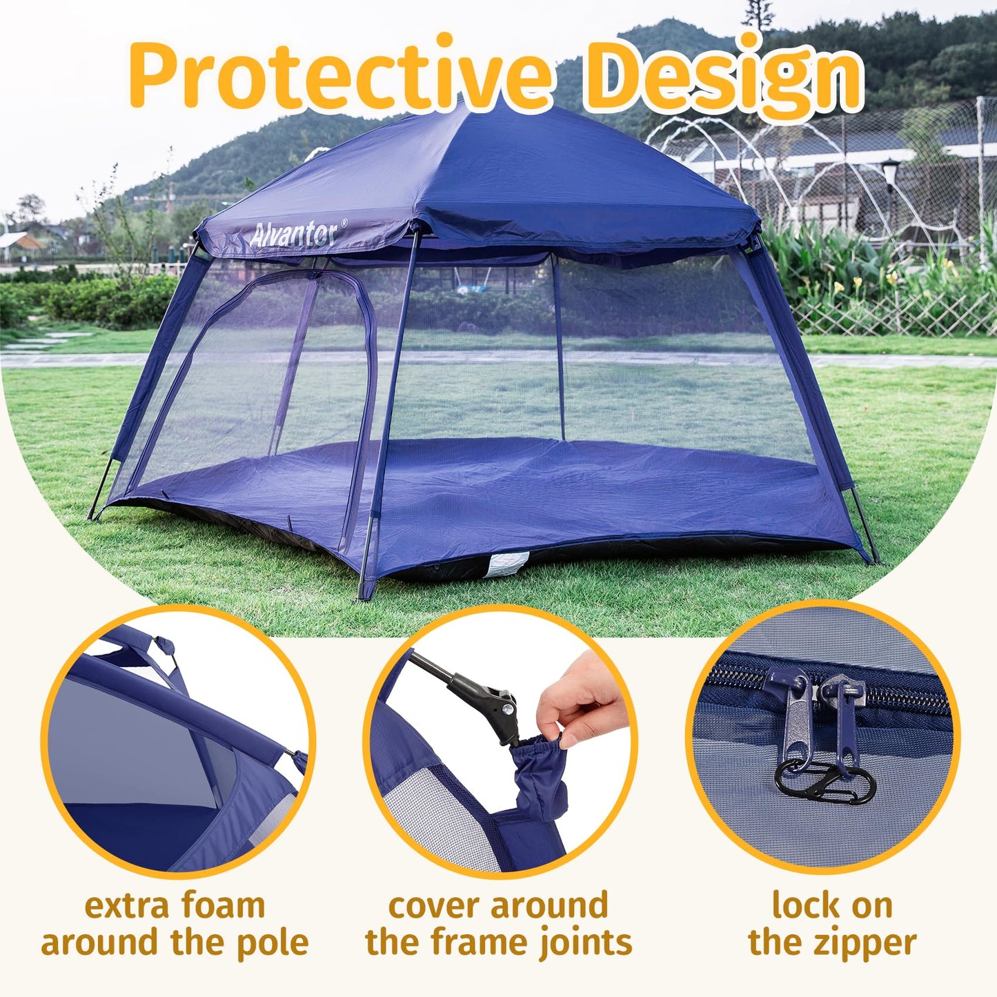 Alvantor® Baby Playpen Pop Up Play Yard 84"x84"x44”Large Kids Play Tent Indoor Outdoor Playhouse Mesh Play Pen, Mosquito Net Playpen Camping Beach Playground for Babies Toddlers Infant, Navy