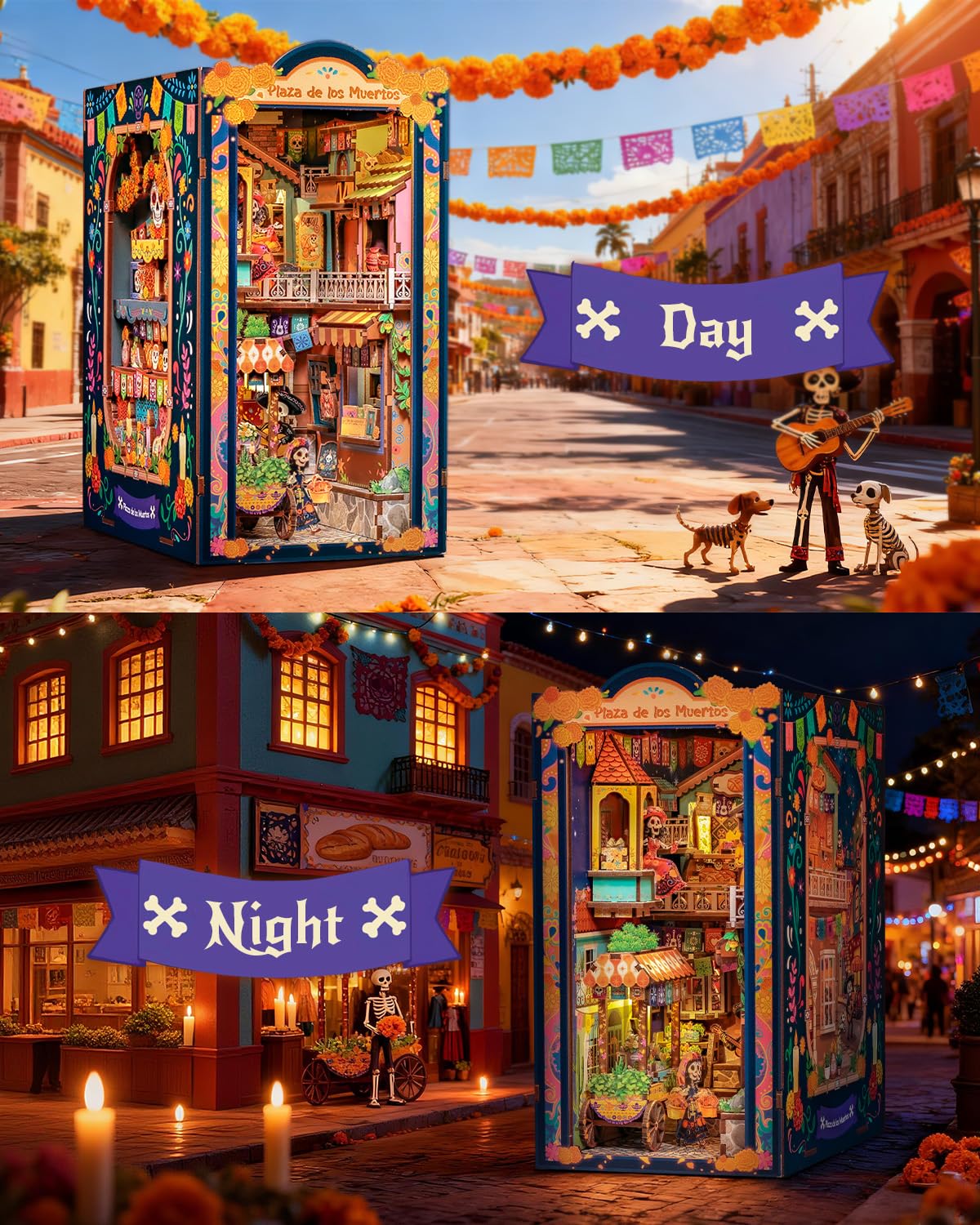 CUTEBEE Book Nook Kit - Mexican Fiesta DIY Miniature Dollhouse, Vibrant LED Bookshelf Decor Alley Model for Adults Teens, Gifts for Family and Friends（Plaza de Los Muertos）