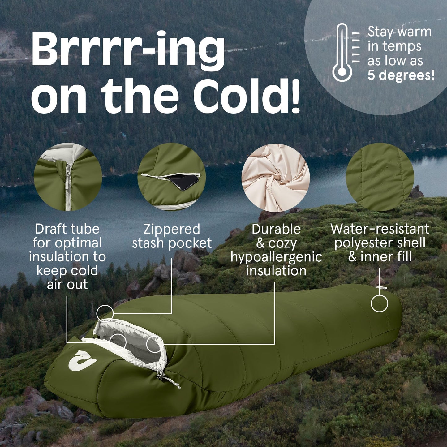 Retrospec Dream 5 Mummy Sleeping Bag for Camping - Insulated Cold Weather, Lightweight, Water-Resistant With Adjustable Draw Cords and Stuff Sack