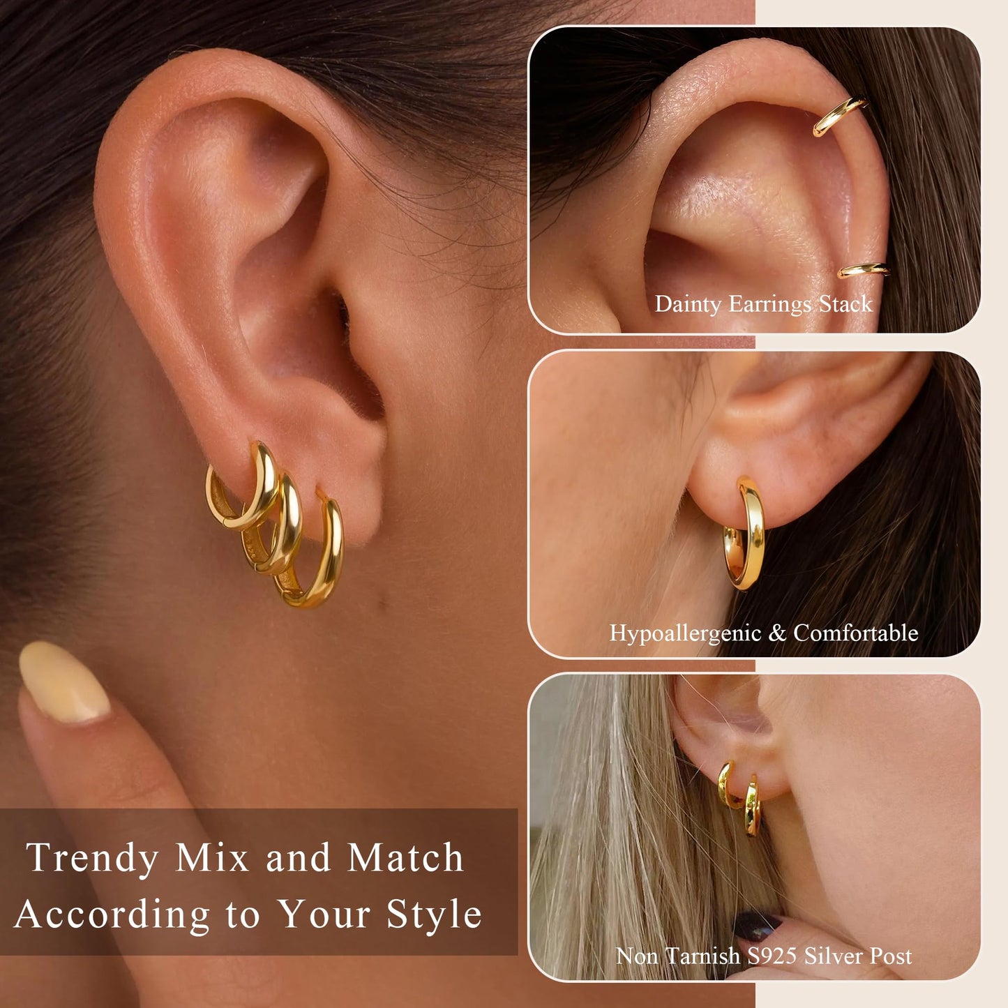 DORANA 3 Pair Small Gold Hoop Earrings Set for Women 925 Sterling Silver Huggie Earrings Non Tarnish Small Cartilage Hoops Stackable Earring Stacks Sets for Multiple Piercing
