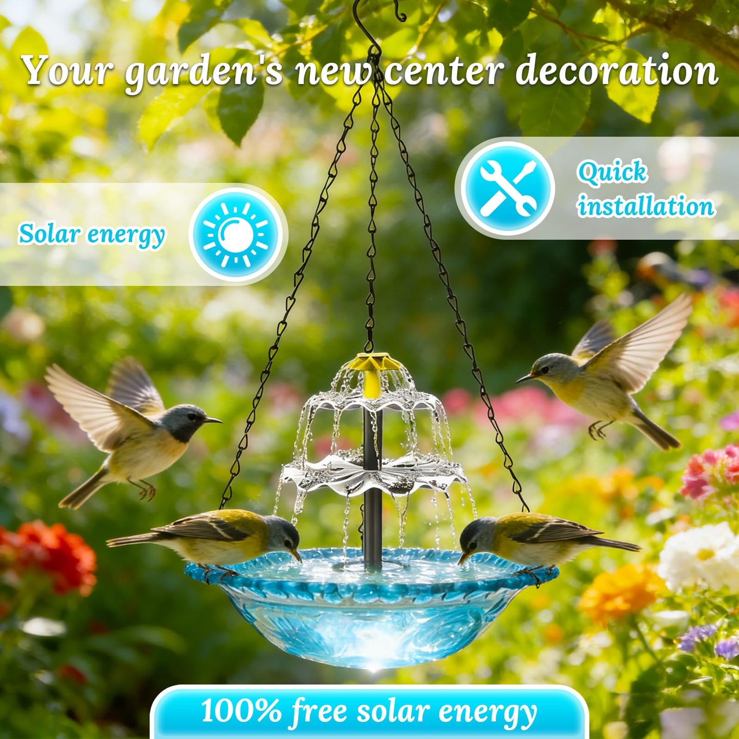 Hanging Solar Bird Bath Fountain - 3 Layers Outdoor Hanging Bird Bath with Solar Fountain, Hanging Bird Bath with Flowing Water for Outdoors Patio Backyard Lawn Garden Decor (Blue)